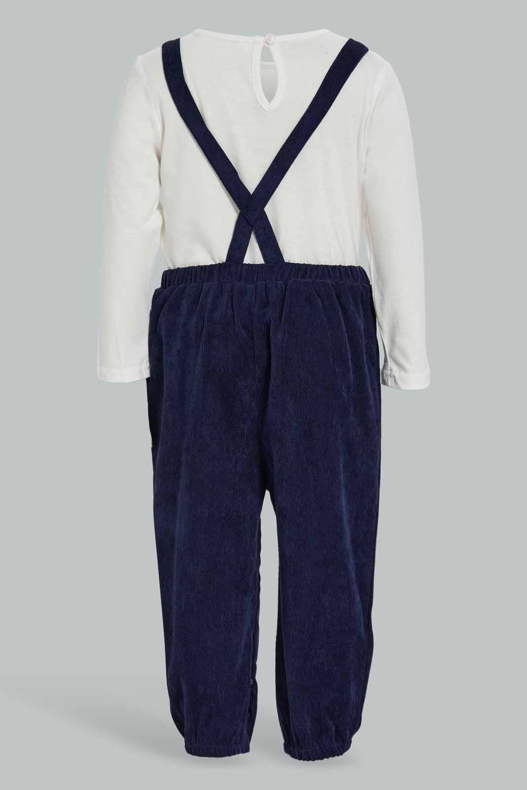 Redtag-Navy-Jumpsuit-With-Ivory-Solid-T-Shirt-Category:Jumpsuits,-Colour:Navy,-Deals:New-In,-Filter:Infant-Girls-(3-to-24-Mths),-ING-Jumpsuits,-New-In-ING-APL,-Non-Sale,-Section:Girls-(0-to-14Yrs),-W22A-Infant-Girls-3 to 24 Months