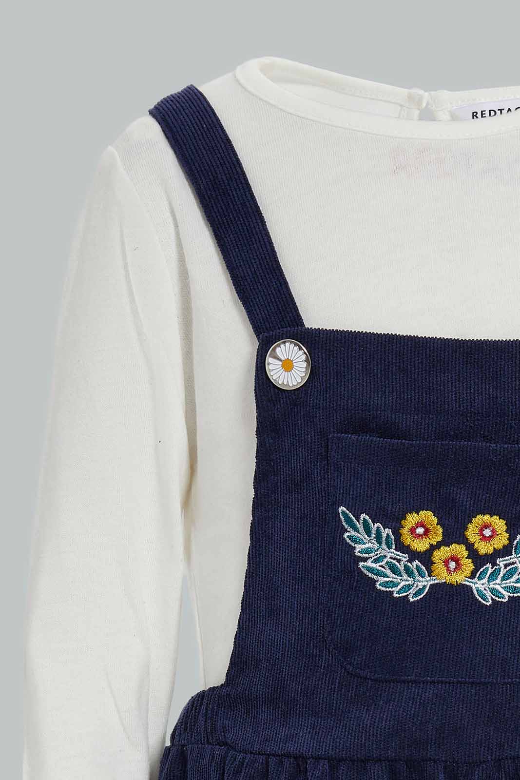 Redtag-Navy-Jumpsuit-With-Ivory-Solid-T-Shirt-Category:Jumpsuits,-Colour:Navy,-Deals:New-In,-Filter:Infant-Girls-(3-to-24-Mths),-ING-Jumpsuits,-New-In-ING-APL,-Non-Sale,-Section:Girls-(0-to-14Yrs),-W22A-Infant-Girls-3 to 24 Months