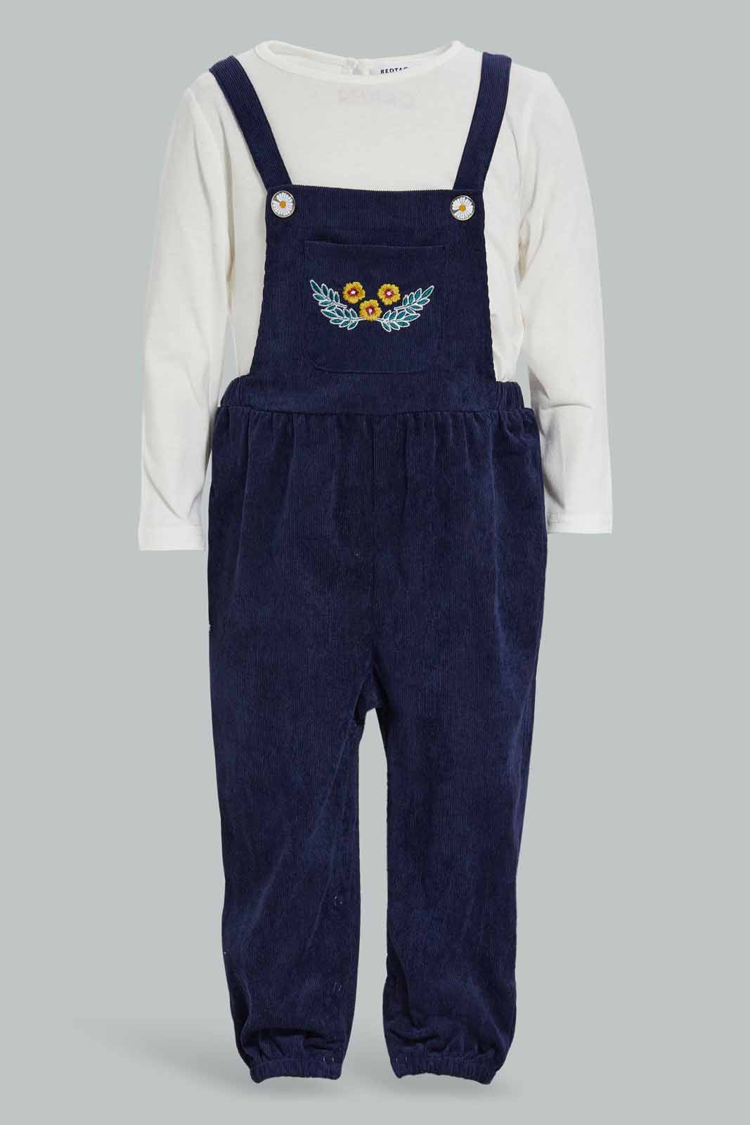 Redtag-Navy-Jumpsuit-With-Ivory-Solid-T-Shirt-Category:Jumpsuits,-Colour:Navy,-Deals:New-In,-Filter:Infant-Girls-(3-to-24-Mths),-ING-Jumpsuits,-New-In-ING-APL,-Non-Sale,-Section:Girls-(0-to-14Yrs),-W22A-Infant-Girls-3 to 24 Months