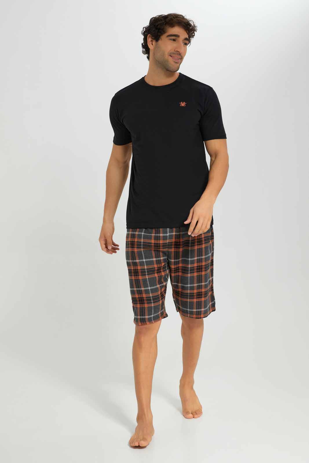 Redtag-Black-Pyjama-Set-With-Check-Shorts-Category:Pyjama-Sets,-Colour:Black,-Deals:New-In,-Filter:Men's-Clothing,-Men-Pyjama-Sets,-New-In-Men-APL,-Non-Sale,-Section:Men,-W22A-Men's-