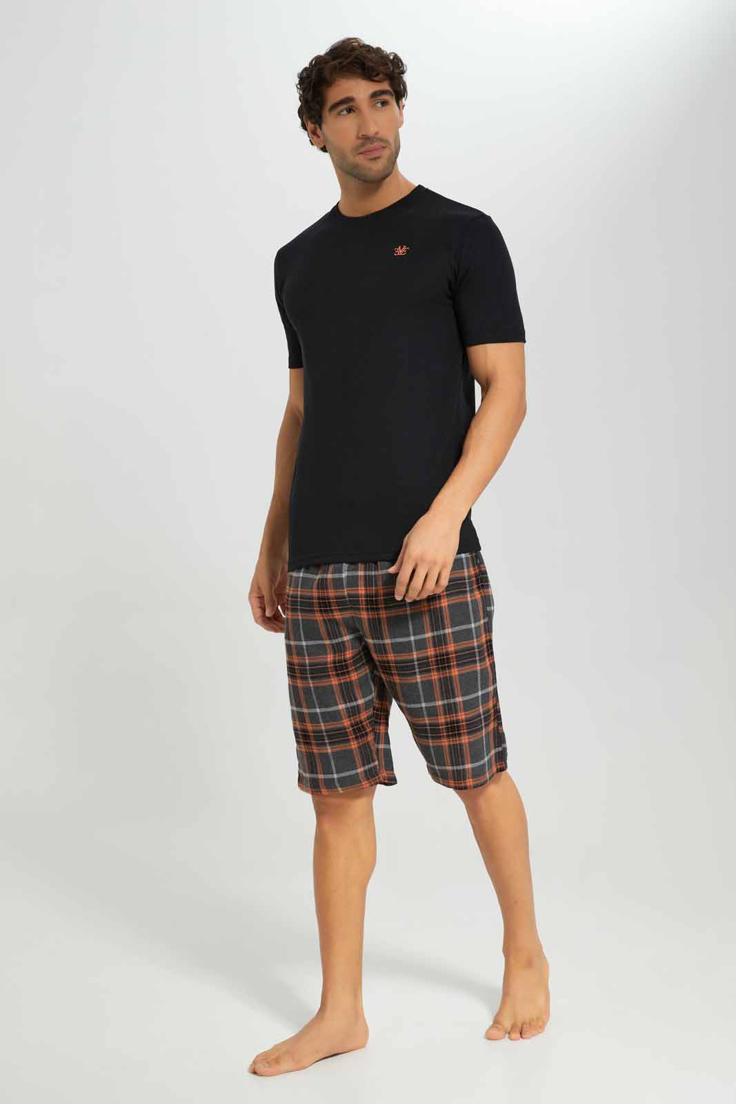 Redtag-Black-Pyjama-Set-With-Check-Shorts-Category:Pyjama-Sets,-Colour:Black,-Deals:New-In,-Filter:Men's-Clothing,-Men-Pyjama-Sets,-New-In-Men-APL,-Non-Sale,-Section:Men,-W22A-Men's-