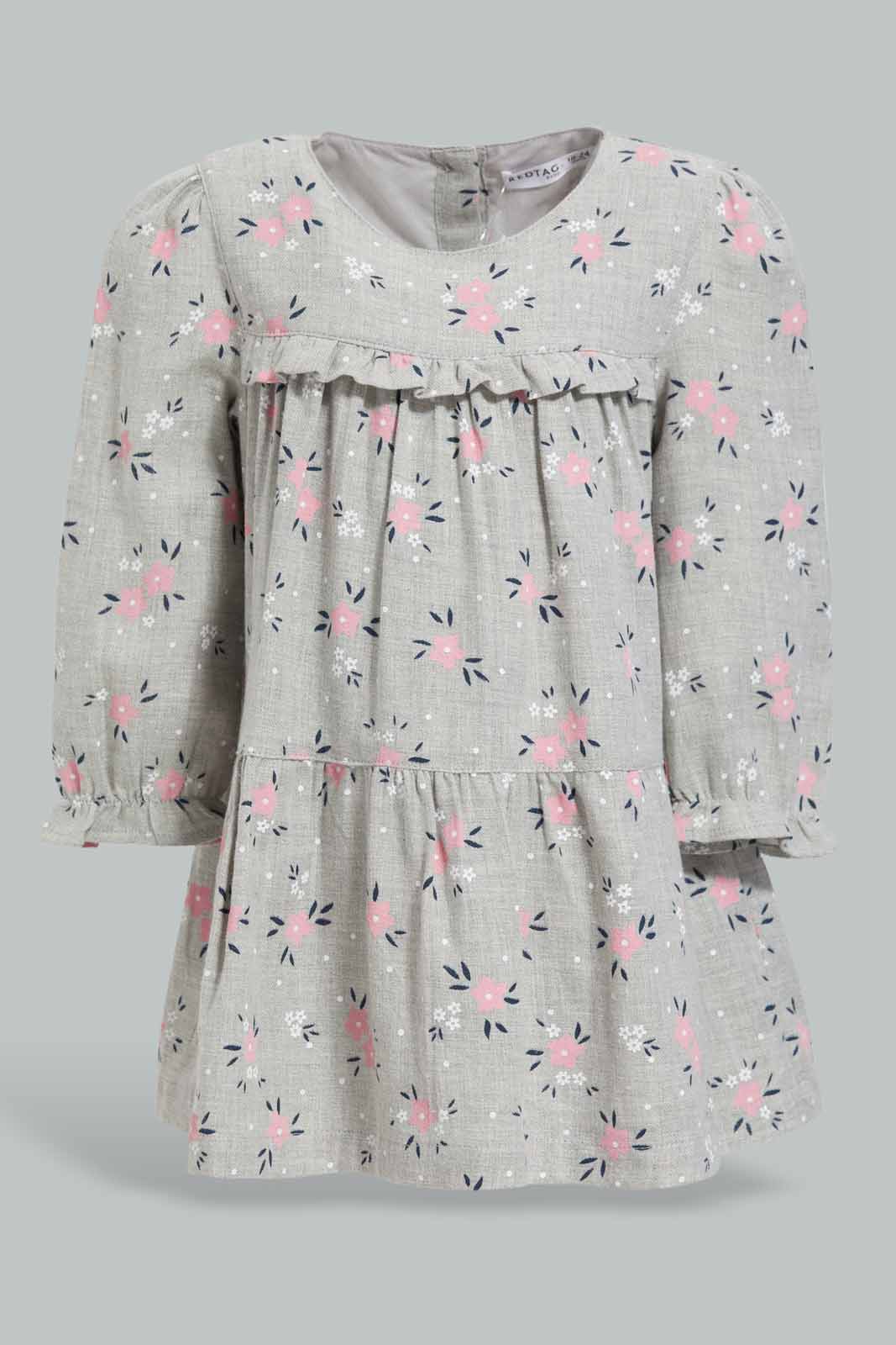 Redtag-Grey-Melange-Floral-AOP-Tried-Dress-Category:Dresses,-Colour:Grey,-Deals:New-In,-Filter:Infant-Girls-(3-to-24-Mths),-ING-Dresses,-New-In-ING-APL,-Non-Sale,-Section:Girls-(0-to-14Yrs),-W22B-Infant-Girls-3 to 24 Months