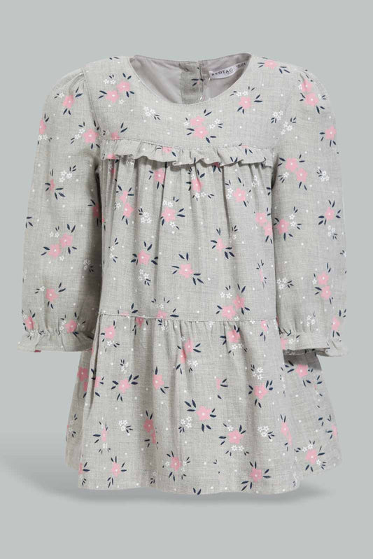 Redtag-Grey-Melange-Floral-AOP-Tried-Dress-Category:Dresses,-Colour:Grey,-Deals:New-In,-Filter:Infant-Girls-(3-to-24-Mths),-ING-Dresses,-New-In-ING-APL,-Non-Sale,-Section:Girls-(0-to-14Yrs),-W22B-Infant-Girls-3 to 24 Months