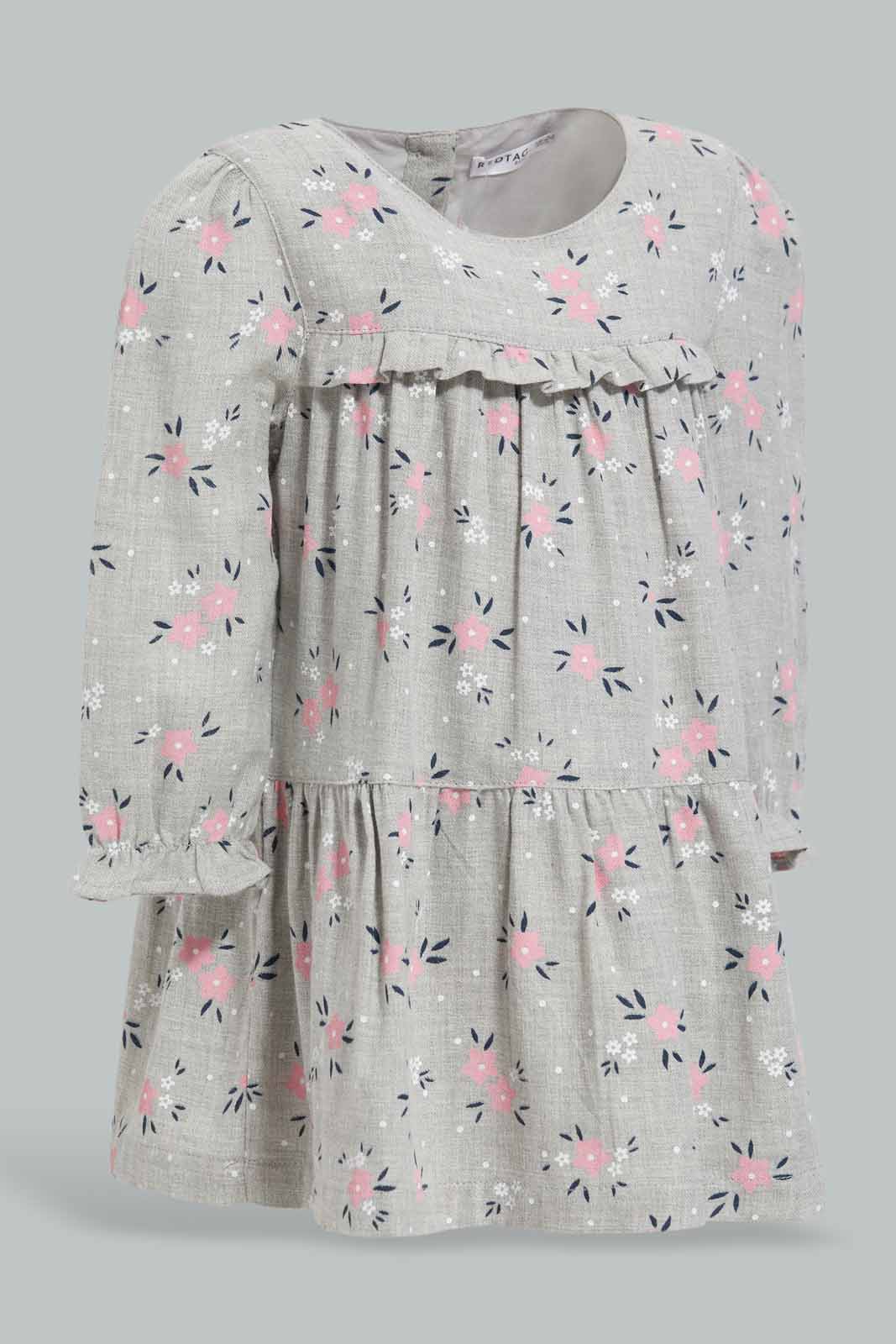 Redtag-Grey-Melange-Floral-AOP-Tried-Dress-Category:Dresses,-Colour:Grey,-Deals:New-In,-Filter:Infant-Girls-(3-to-24-Mths),-ING-Dresses,-New-In-ING-APL,-Non-Sale,-Section:Girls-(0-to-14Yrs),-W22B-Infant-Girls-3 to 24 Months