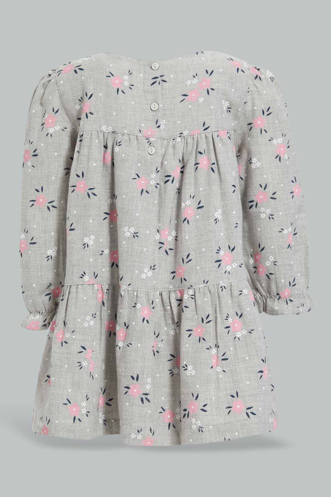 Redtag-Grey-Melange-Floral-AOP-Tried-Dress-Category:Dresses,-Colour:Grey,-Deals:New-In,-Filter:Infant-Girls-(3-to-24-Mths),-ING-Dresses,-New-In-ING-APL,-Non-Sale,-Section:Girls-(0-to-14Yrs),-W22B-Infant-Girls-3 to 24 Months