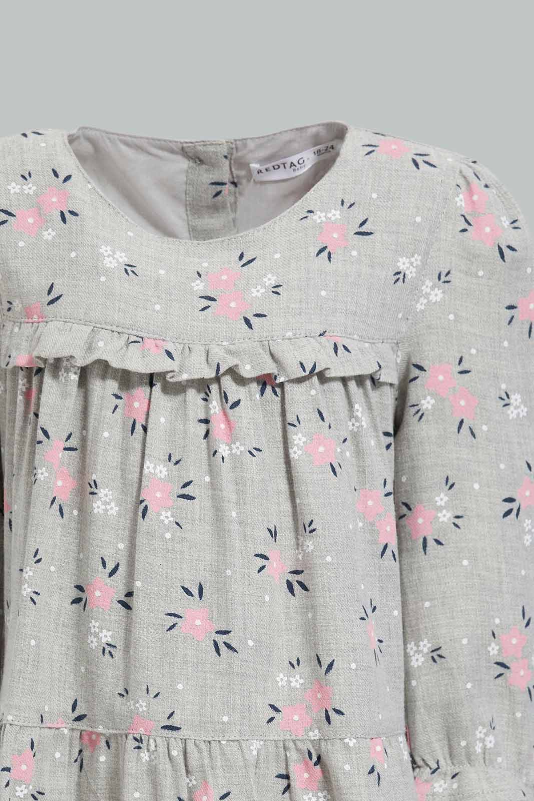 Redtag-Grey-Melange-Floral-AOP-Tried-Dress-Category:Dresses,-Colour:Grey,-Deals:New-In,-Filter:Infant-Girls-(3-to-24-Mths),-ING-Dresses,-New-In-ING-APL,-Non-Sale,-Section:Girls-(0-to-14Yrs),-W22B-Infant-Girls-3 to 24 Months