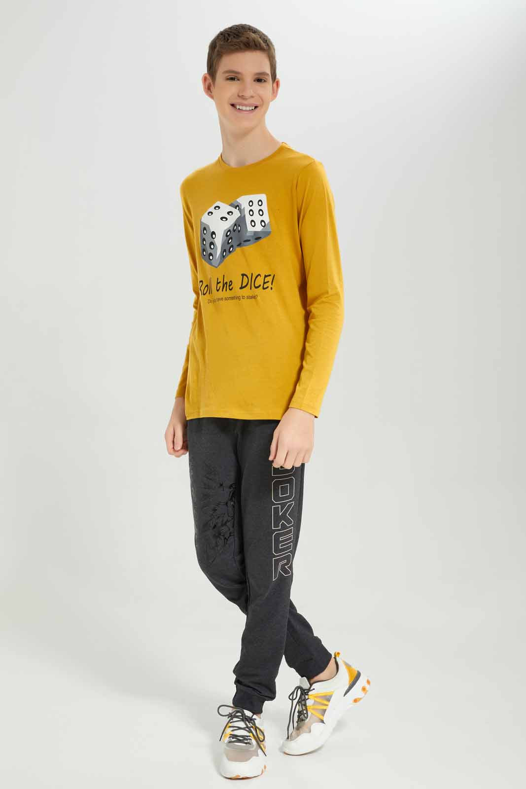 Redtag-Mustard-Dice-T-Shirt-BSR-T-Shirts,-Category:T-Shirts,-Colour:Mustard,-Deals:New-In,-Filter:Senior-Boys-(8-to-14-Yrs),-New-In-BSR-APL,-Non-Sale,-Section:Boys-(0-to-14Yrs),-TBL,-W22B-Senior-Boys-9 to 14 Years