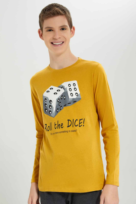 Redtag-Mustard-Dice-T-Shirt-BSR-T-Shirts,-Category:T-Shirts,-Colour:Mustard,-Deals:New-In,-Filter:Senior-Boys-(8-to-14-Yrs),-New-In-BSR-APL,-Non-Sale,-Section:Boys-(0-to-14Yrs),-TBL,-W22B-Senior-Boys-9 to 14 Years