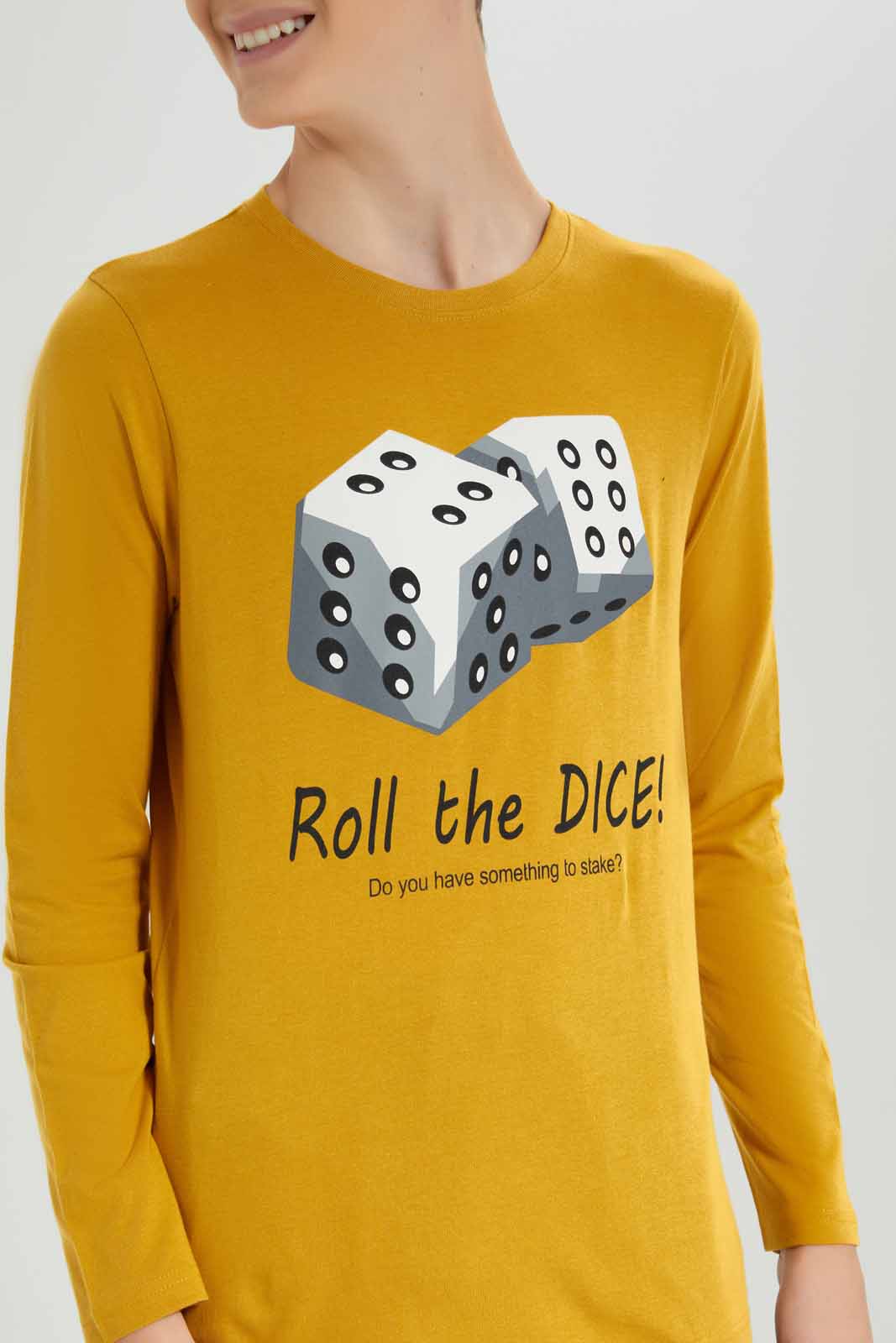 Redtag-Mustard-Dice-T-Shirt-BSR-T-Shirts,-Category:T-Shirts,-Colour:Mustard,-Deals:New-In,-Filter:Senior-Boys-(8-to-14-Yrs),-New-In-BSR-APL,-Non-Sale,-Section:Boys-(0-to-14Yrs),-TBL,-W22B-Senior-Boys-9 to 14 Years
