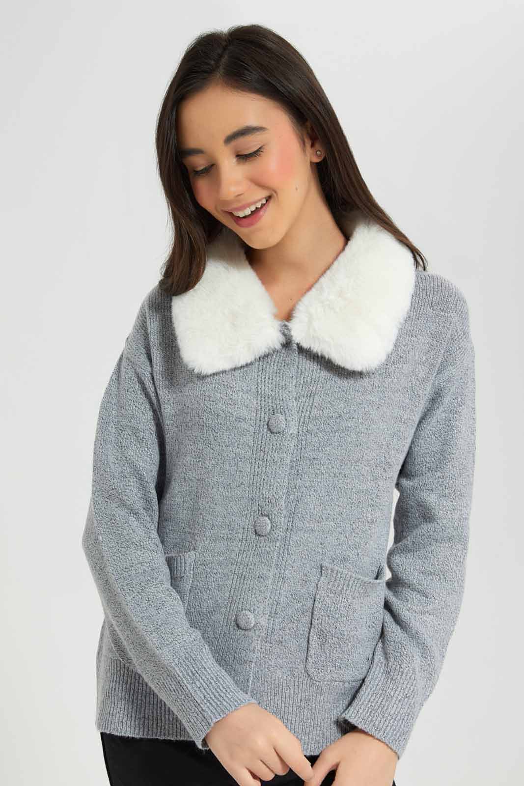 Redtag-Grey-Melange-Cardigan-With-Fur-Category:Cardigans,-Colour:Grey,-Deals:New-In,-EHW,-Filter:Senior-Girls-(8-to-14-Yrs),-GSR-Cardigans,-New-In-GSR-APL,-Non-Sale,-Section:Girls-(0-to-14Yrs),-W22B-Senior-Girls-9 to 14 Years