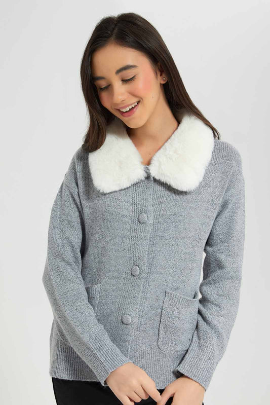 Redtag-Grey-Melange-Cardigan-With-Fur-Category:Cardigans,-Colour:Grey,-Deals:New-In,-EHW,-Filter:Senior-Girls-(8-to-14-Yrs),-GSR-Cardigans,-New-In-GSR-APL,-Non-Sale,-Section:Girls-(0-to-14Yrs),-W22B-Senior-Girls-9 to 14 Years