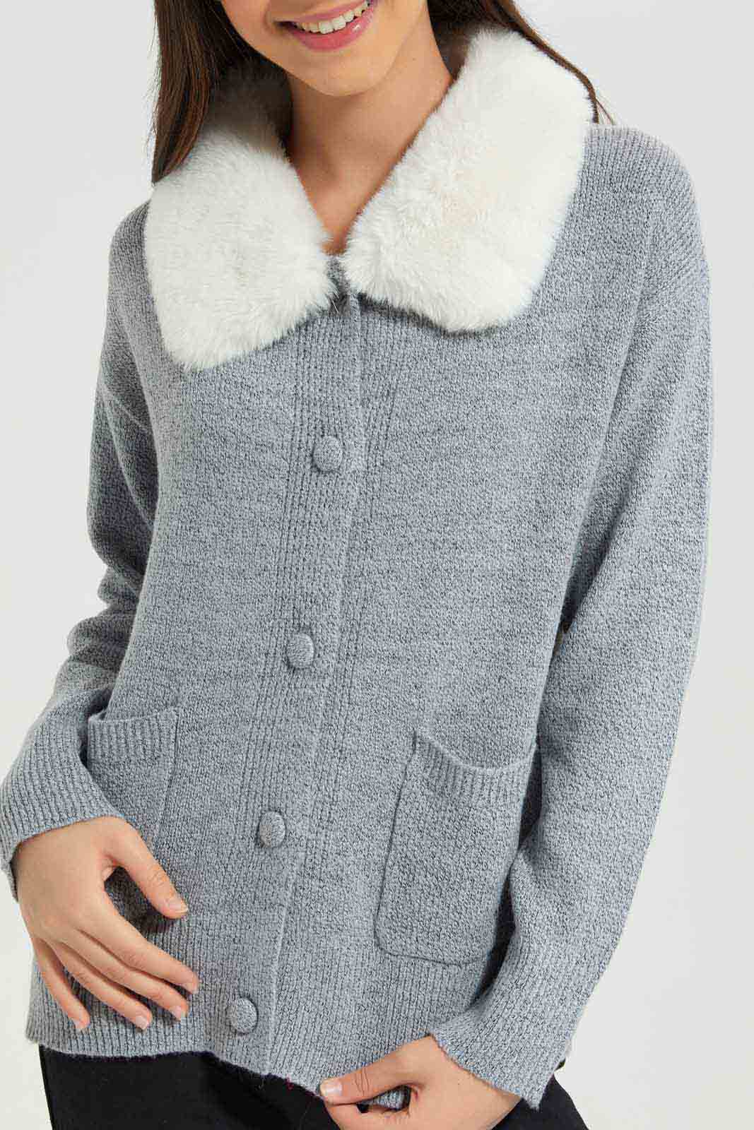 Redtag-Grey-Melange-Cardigan-With-Fur-Category:Cardigans,-Colour:Grey,-Deals:New-In,-EHW,-Filter:Senior-Girls-(8-to-14-Yrs),-GSR-Cardigans,-New-In-GSR-APL,-Non-Sale,-Section:Girls-(0-to-14Yrs),-W22B-Senior-Girls-9 to 14 Years