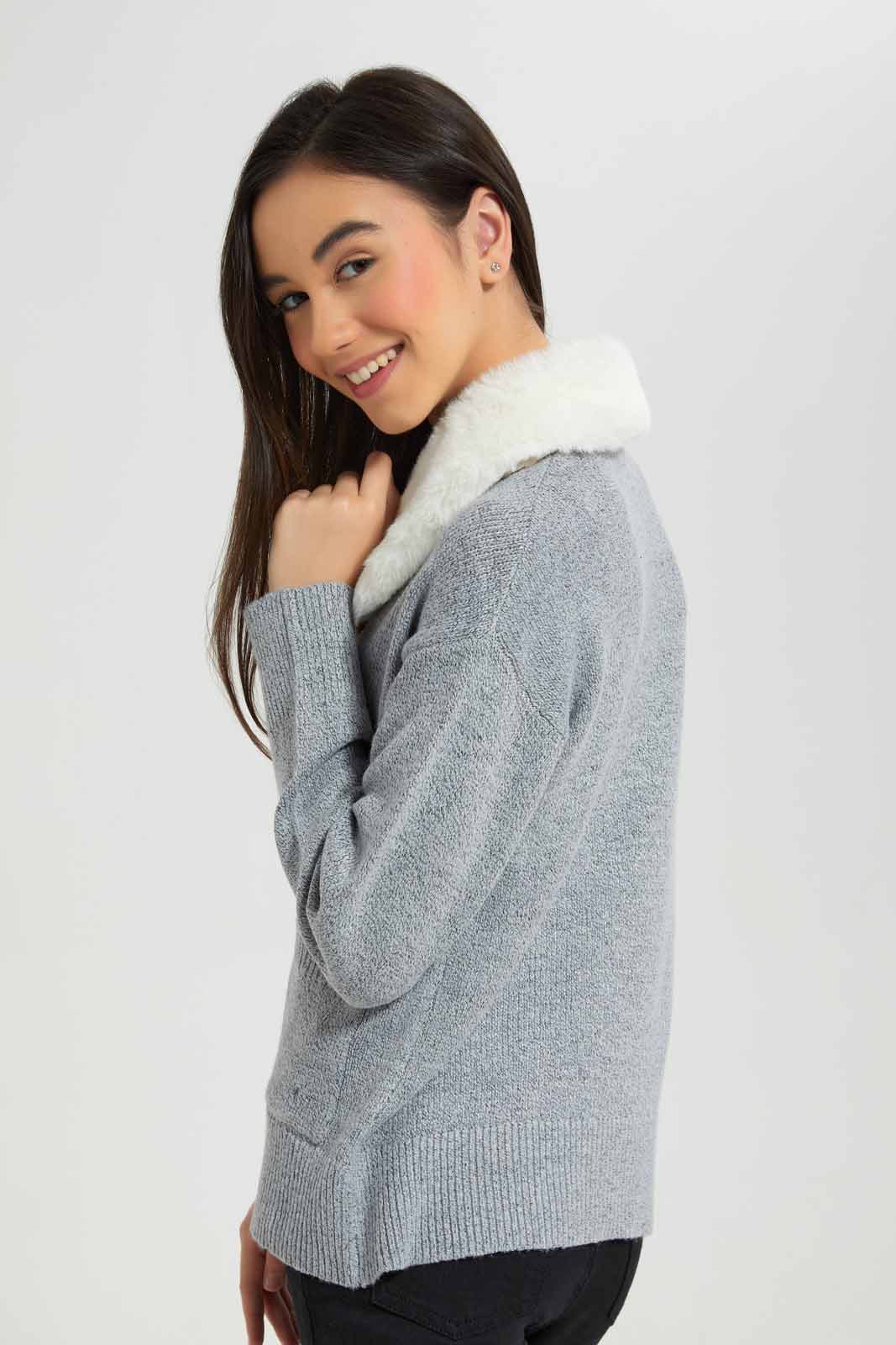 Redtag-Grey-Melange-Cardigan-With-Fur-Category:Cardigans,-Colour:Grey,-Deals:New-In,-EHW,-Filter:Senior-Girls-(8-to-14-Yrs),-GSR-Cardigans,-New-In-GSR-APL,-Non-Sale,-Section:Girls-(0-to-14Yrs),-W22B-Senior-Girls-9 to 14 Years