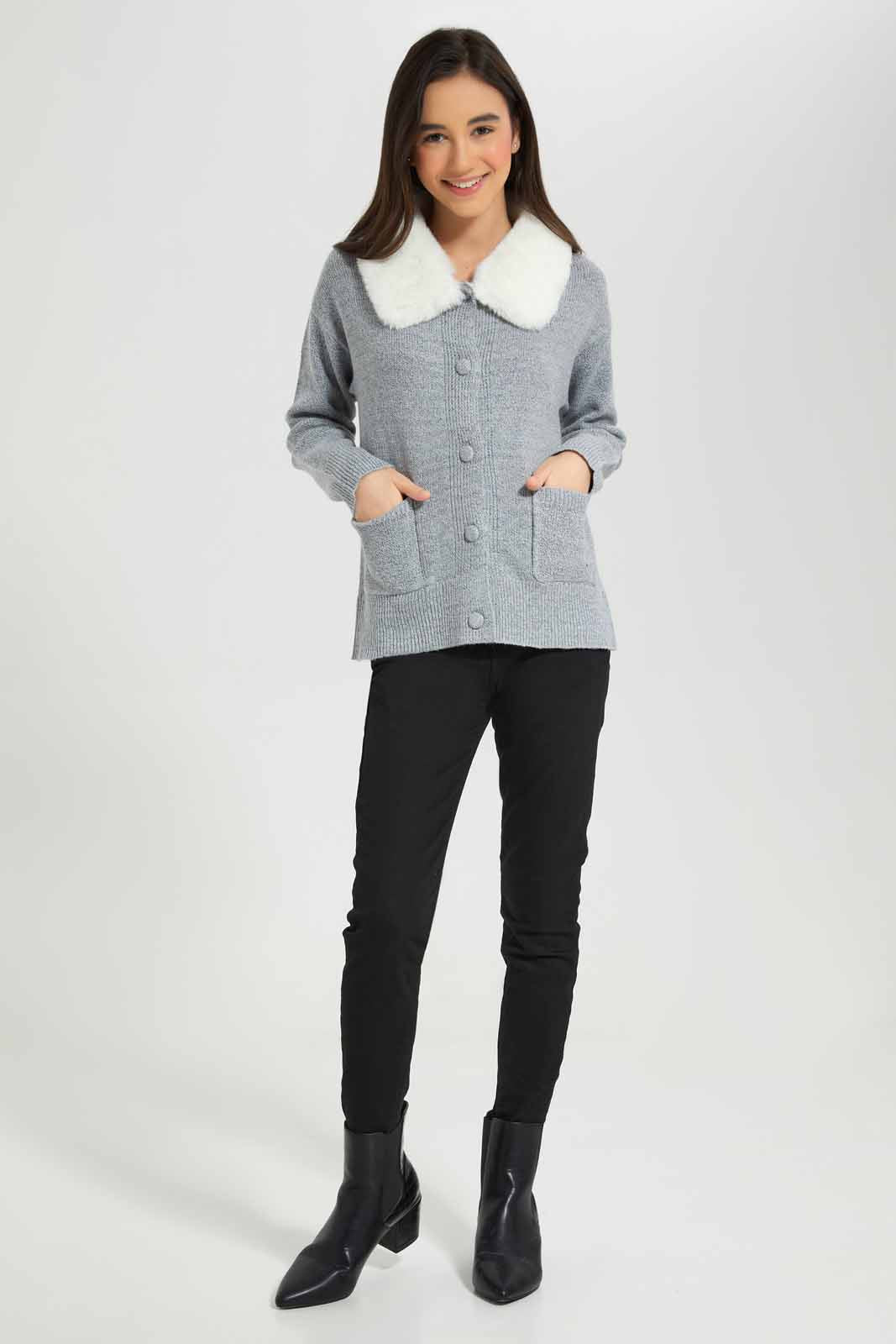 Redtag-Grey-Melange-Cardigan-With-Fur-Category:Cardigans,-Colour:Grey,-Deals:New-In,-EHW,-Filter:Senior-Girls-(8-to-14-Yrs),-GSR-Cardigans,-New-In-GSR-APL,-Non-Sale,-Section:Girls-(0-to-14Yrs),-W22B-Senior-Girls-9 to 14 Years