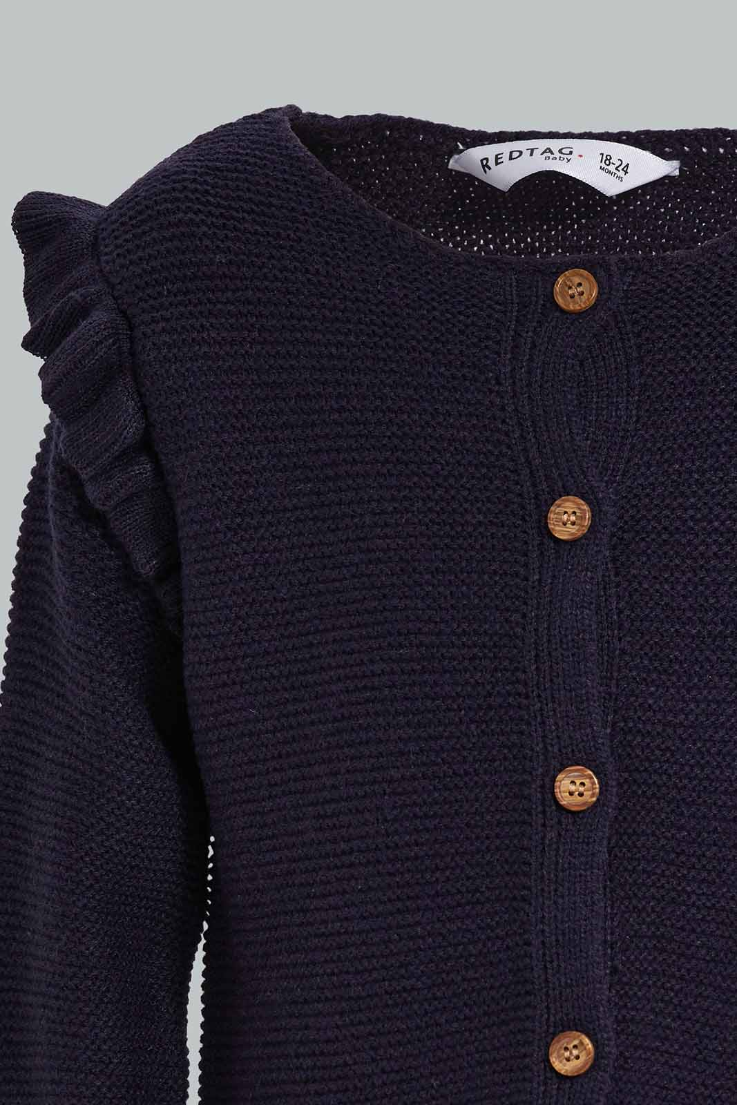 Redtag-Navy-Frill-Sleeveles-Cardigan-Category:Cardigans,-Colour:Navy,-Deals:New-In,-Filter:Infant-Girls-(3-to-24-Mths),-ING-Cardigans,-New-In-ING-APL,-Non-Sale,-Section:Girls-(0-to-14Yrs),-W22B-Infant-Girls-3 to 24 Months