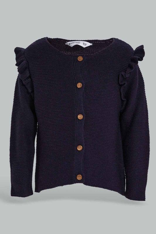 Redtag-Navy-Frill-Sleeveles-Cardigan-Category:Cardigans,-Colour:Navy,-Deals:New-In,-Filter:Infant-Girls-(3-to-24-Mths),-ING-Cardigans,-New-In-ING-APL,-Non-Sale,-Section:Girls-(0-to-14Yrs),-W22B-Infant-Girls-3 to 24 Months