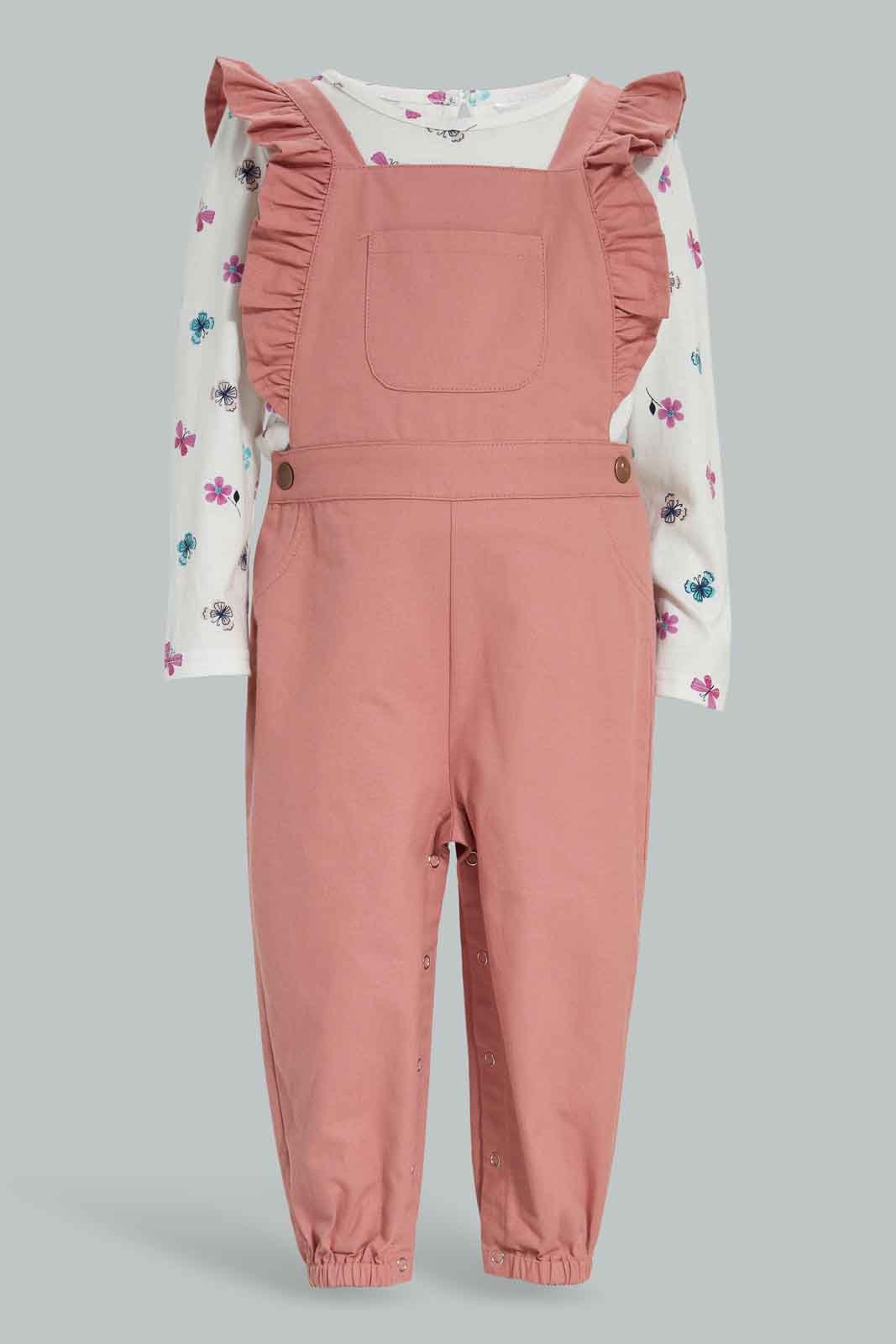 Redtag-Pink-Solid-Jumpsuit-With-Butterfly-AOP-T-Shirt-Category:Jumpsuits,-Colour:Apricot,-Deals:New-In,-Filter:Infant-Girls-(3-to-24-Mths),-ING-Jumpsuits,-New-In-ING-APL,-Non-Sale,-Section:Girls-(0-to-14Yrs),-W22B-Infant-Girls-