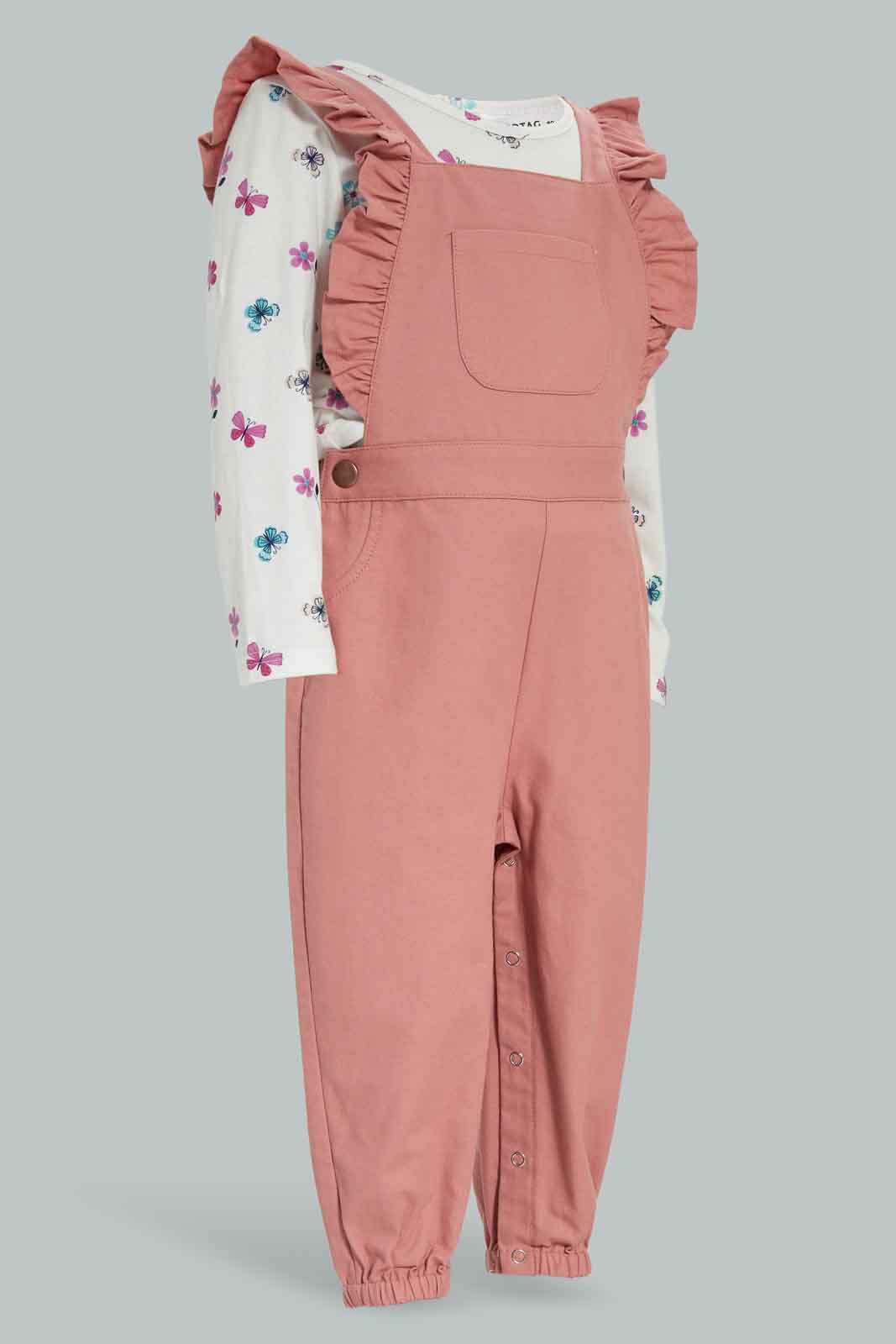 Redtag-Pink-Solid-Jumpsuit-With-Butterfly-AOP-T-Shirt-Category:Jumpsuits,-Colour:Apricot,-Deals:New-In,-Filter:Infant-Girls-(3-to-24-Mths),-ING-Jumpsuits,-New-In-ING-APL,-Non-Sale,-Section:Girls-(0-to-14Yrs),-W22B-Infant-Girls-