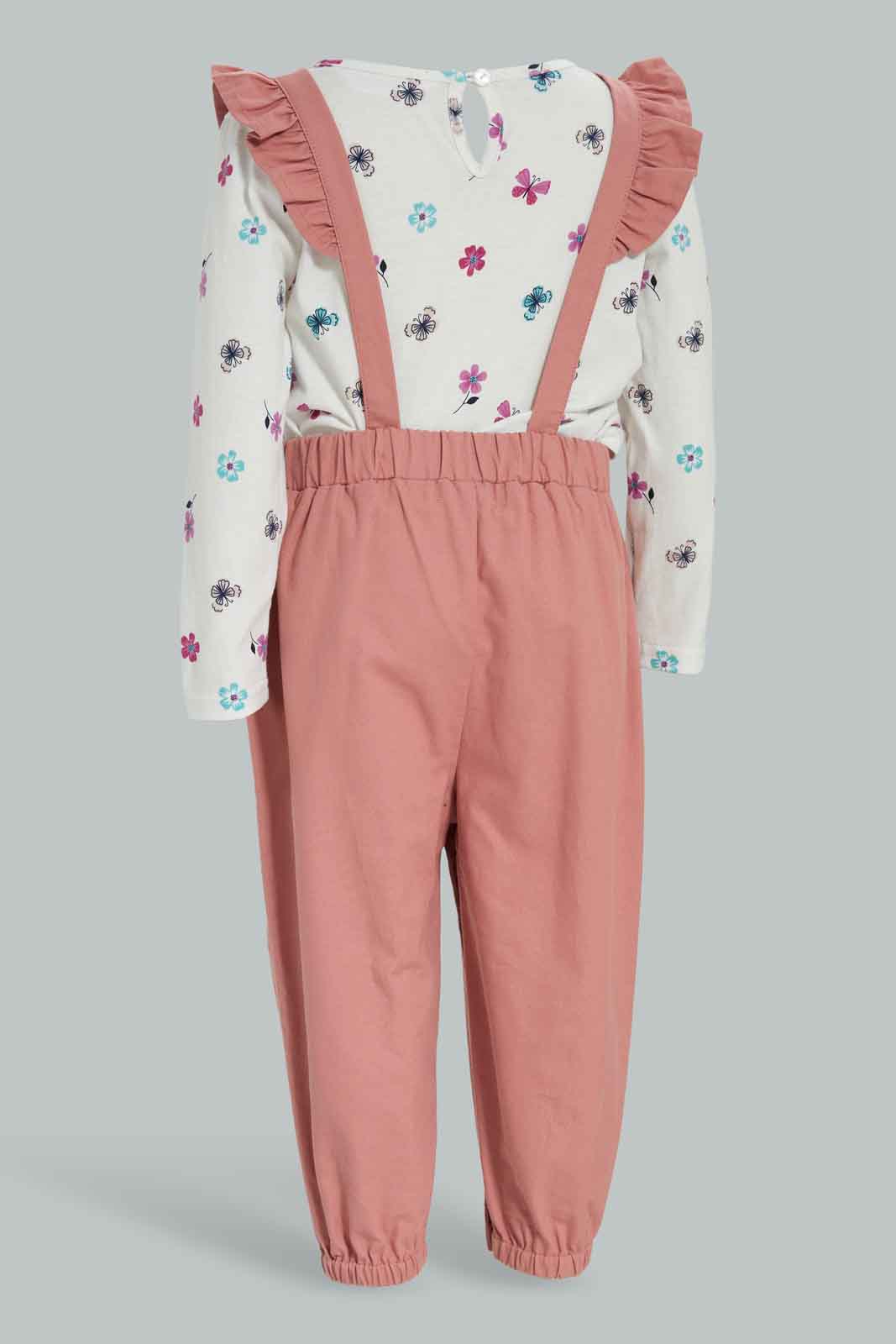 Redtag-Pink-Solid-Jumpsuit-With-Butterfly-AOP-T-Shirt-Category:Jumpsuits,-Colour:Apricot,-Deals:New-In,-Filter:Infant-Girls-(3-to-24-Mths),-ING-Jumpsuits,-New-In-ING-APL,-Non-Sale,-Section:Girls-(0-to-14Yrs),-W22B-Infant-Girls-