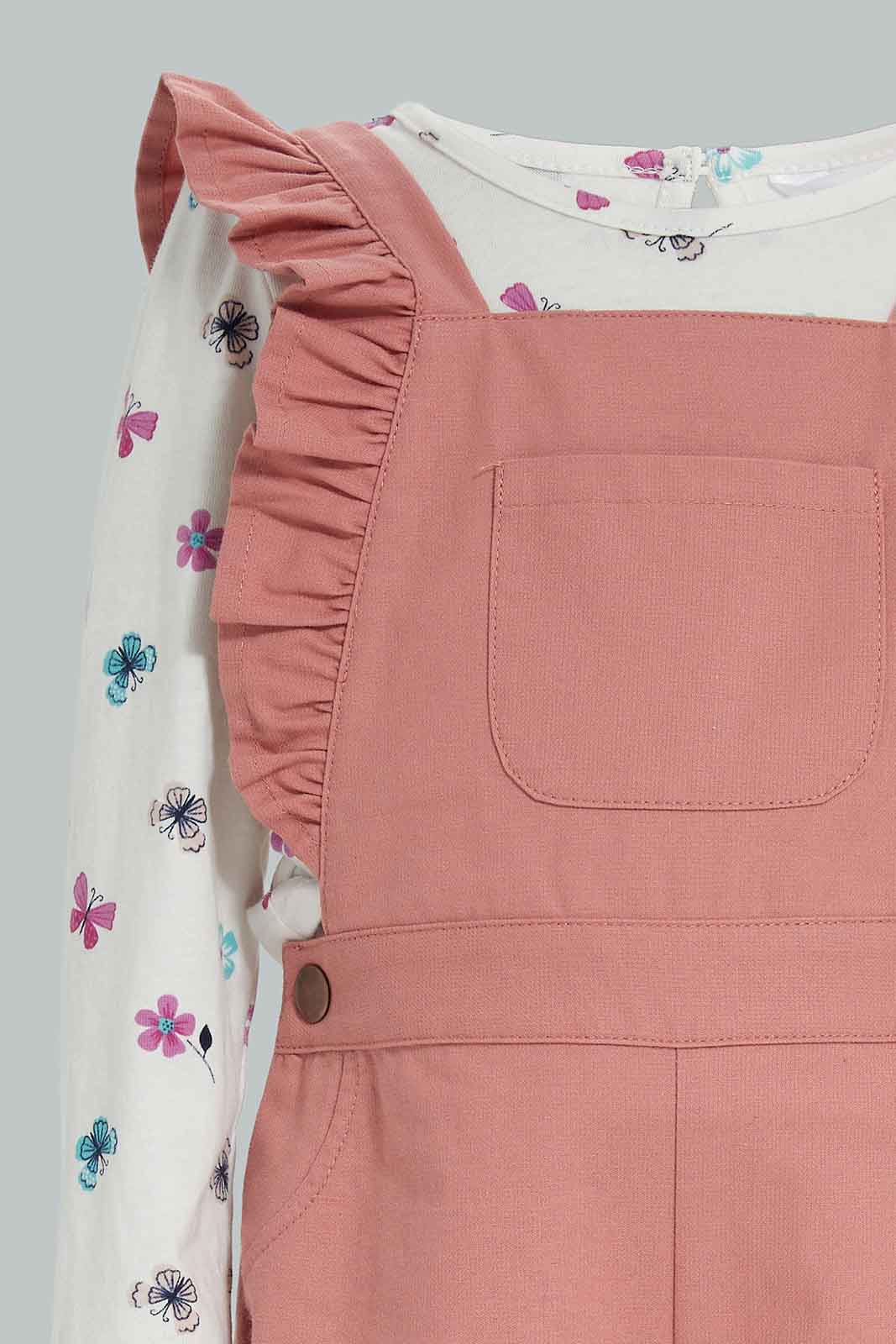 Redtag-Pink-Solid-Jumpsuit-With-Butterfly-AOP-T-Shirt-Category:Jumpsuits,-Colour:Apricot,-Deals:New-In,-Filter:Infant-Girls-(3-to-24-Mths),-ING-Jumpsuits,-New-In-ING-APL,-Non-Sale,-Section:Girls-(0-to-14Yrs),-W22B-Infant-Girls-