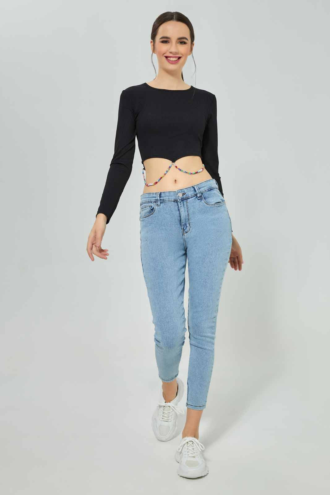 Redtag-Black-Embellished-Long-Sleeves-Rib-Top-Category:T-Shirts,-Colour:Black,-Deals:New-In,-Filter:Women's-Clothing,-New-In-Women-APL,-Non-Sale,-Section:Women,-W22O,-Women-T-Shirts-Women's-
