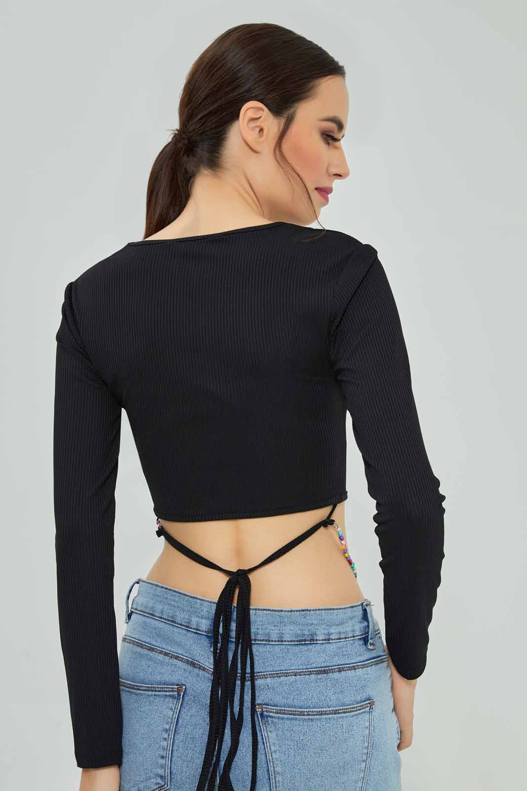 Redtag-Black-Embellished-Long-Sleeves-Rib-Top-Category:T-Shirts,-Colour:Black,-Deals:New-In,-Filter:Women's-Clothing,-New-In-Women-APL,-Non-Sale,-Section:Women,-W22O,-Women-T-Shirts-Women's-