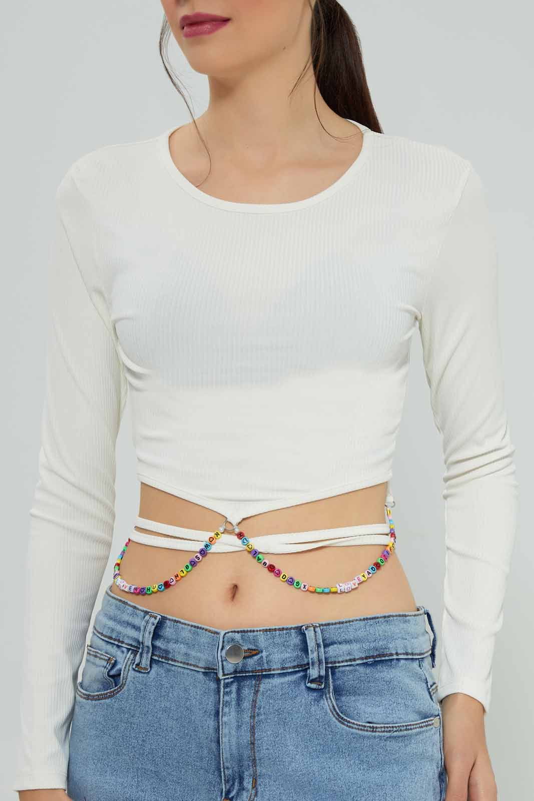 Redtag-Ivory-Embellished-Long-Sleeves-Rib-Top-Category:T-Shirts,-Colour:Ivory,-Deals:New-In,-Filter:Women's-Clothing,-New-In-Women-APL,-Non-Sale,-Section:Women,-W22O,-Women-T-Shirts-Women's-