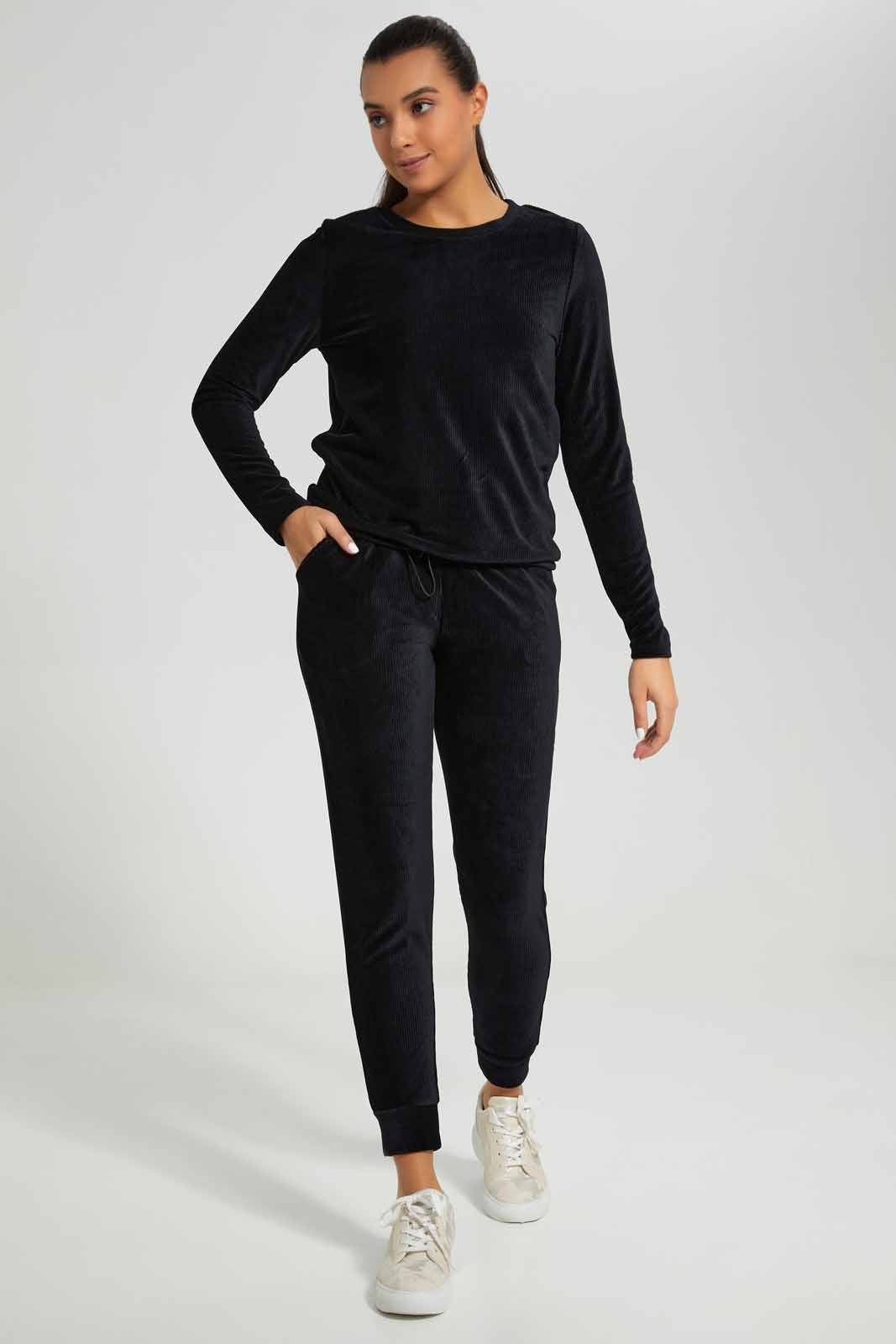 Redtag-Black-Round-Neck-L/S-Velour-Sweatshirt-Category:Sweatshirts,-Colour:Black,-Deals:New-In,-Filter:Women's-Clothing,-New-In-Women-APL,-Non-Sale,-Section:Women,-TBL,-W22A,-Women-Sweatshirts-Women's-