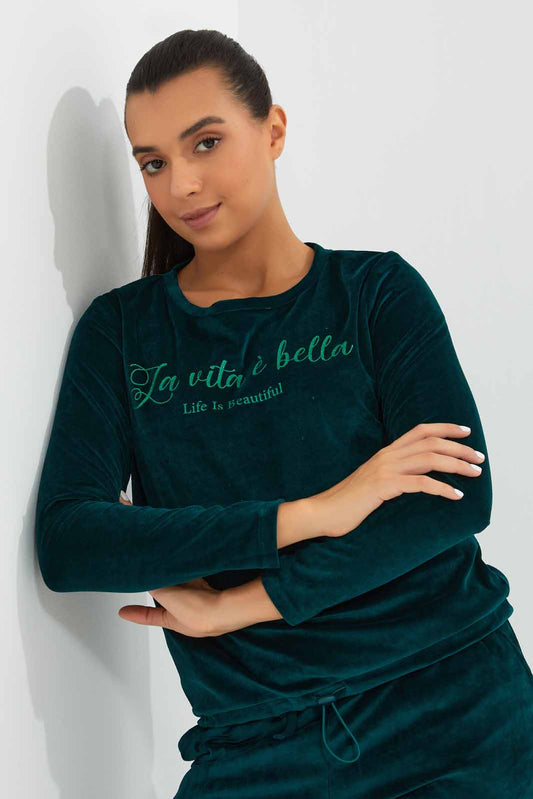 Redtag-Green-Round-Neck-L/S-Velour-Sweatshirt-Category:Sweatshirts,-Colour:Green,-Deals:New-In,-Filter:Women's-Clothing,-New-In-Women-APL,-Non-Sale,-Section:Women,-TBL,-W22A,-Women-Sweatshirts-Women's-