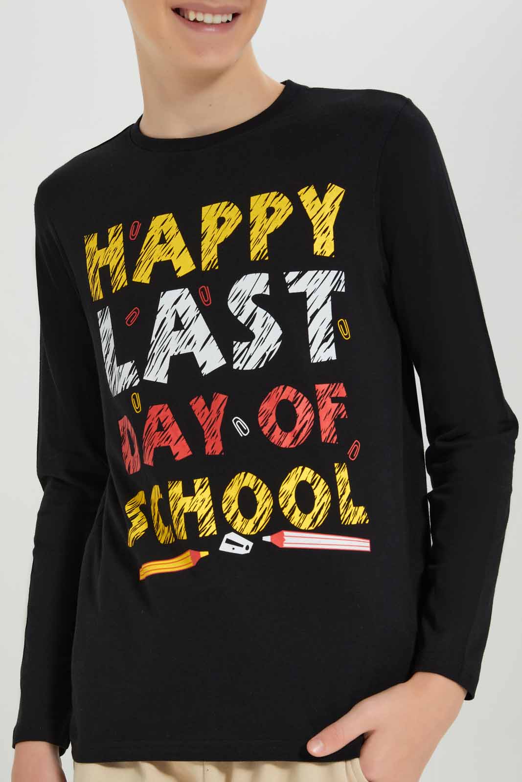 Redtag-Balck-Last-Day-School-Graphic-Tee-BSR-T-Shirts,-Category:T-Shirts,-Colour:Black,-Deals:New-In,-Filter:Senior-Boys-(8-to-14-Yrs),-New-In-BSR-APL,-Non-Sale,-Section:Boys-(0-to-14Yrs),-TBL,-W22B-Senior-Boys-9 to 14 Years