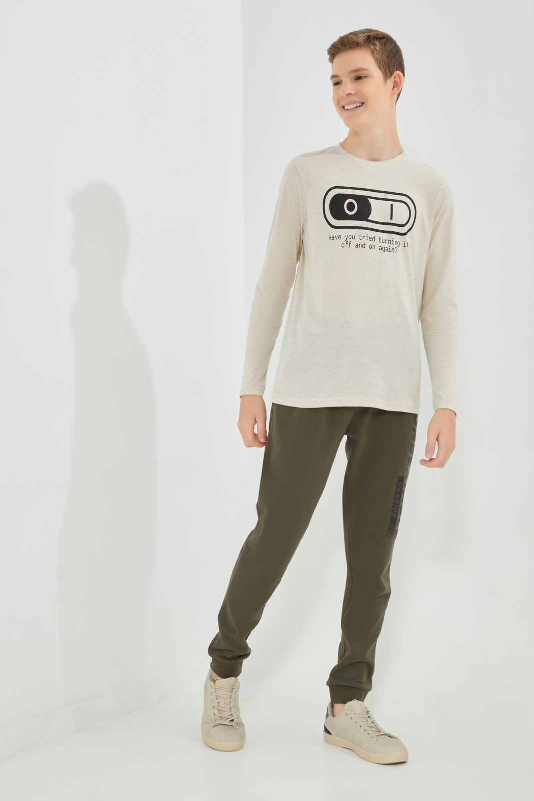 Redtag-Beige-On-And-OFF-Graphic-Tee-BSR-T-Shirts,-Category:T-Shirts,-Colour:Beige,-Deals:New-In,-Filter:Senior-Boys-(8-to-14-Yrs),-New-In-BSR-APL,-Non-Sale,-Section:Boys-(0-to-14Yrs),-TBL,-W22B-Senior-Boys-9 to 14 Years