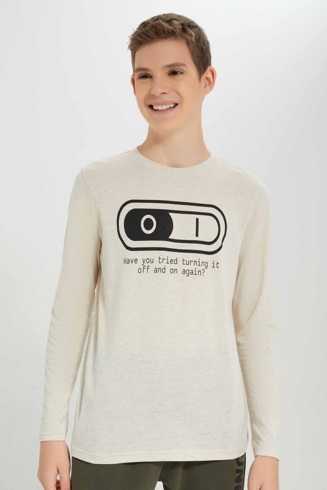 Redtag-Beige-On-And-OFF-Graphic-Tee-BSR-T-Shirts,-Category:T-Shirts,-Colour:Beige,-Deals:New-In,-Filter:Senior-Boys-(8-to-14-Yrs),-New-In-BSR-APL,-Non-Sale,-Section:Boys-(0-to-14Yrs),-TBL,-W22B-Senior-Boys-9 to 14 Years