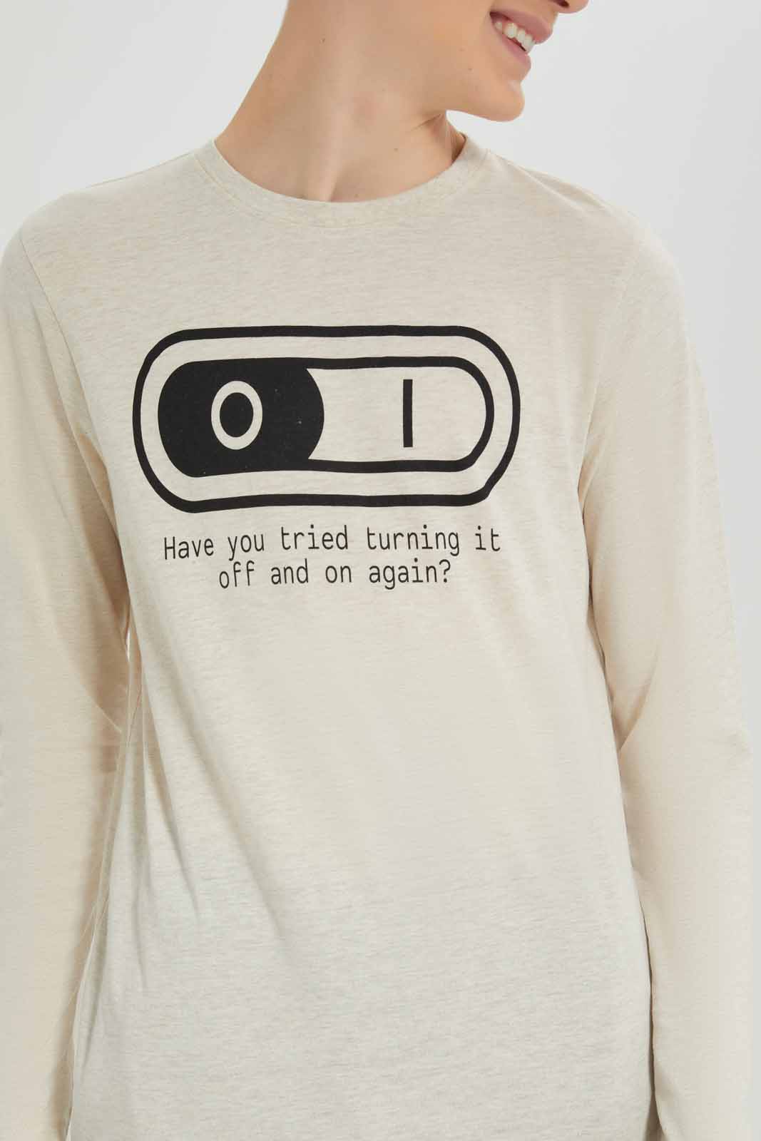 Redtag-Beige-On-And-OFF-Graphic-Tee-BSR-T-Shirts,-Category:T-Shirts,-Colour:Beige,-Deals:New-In,-Filter:Senior-Boys-(8-to-14-Yrs),-New-In-BSR-APL,-Non-Sale,-Section:Boys-(0-to-14Yrs),-TBL,-W22B-Senior-Boys-9 to 14 Years