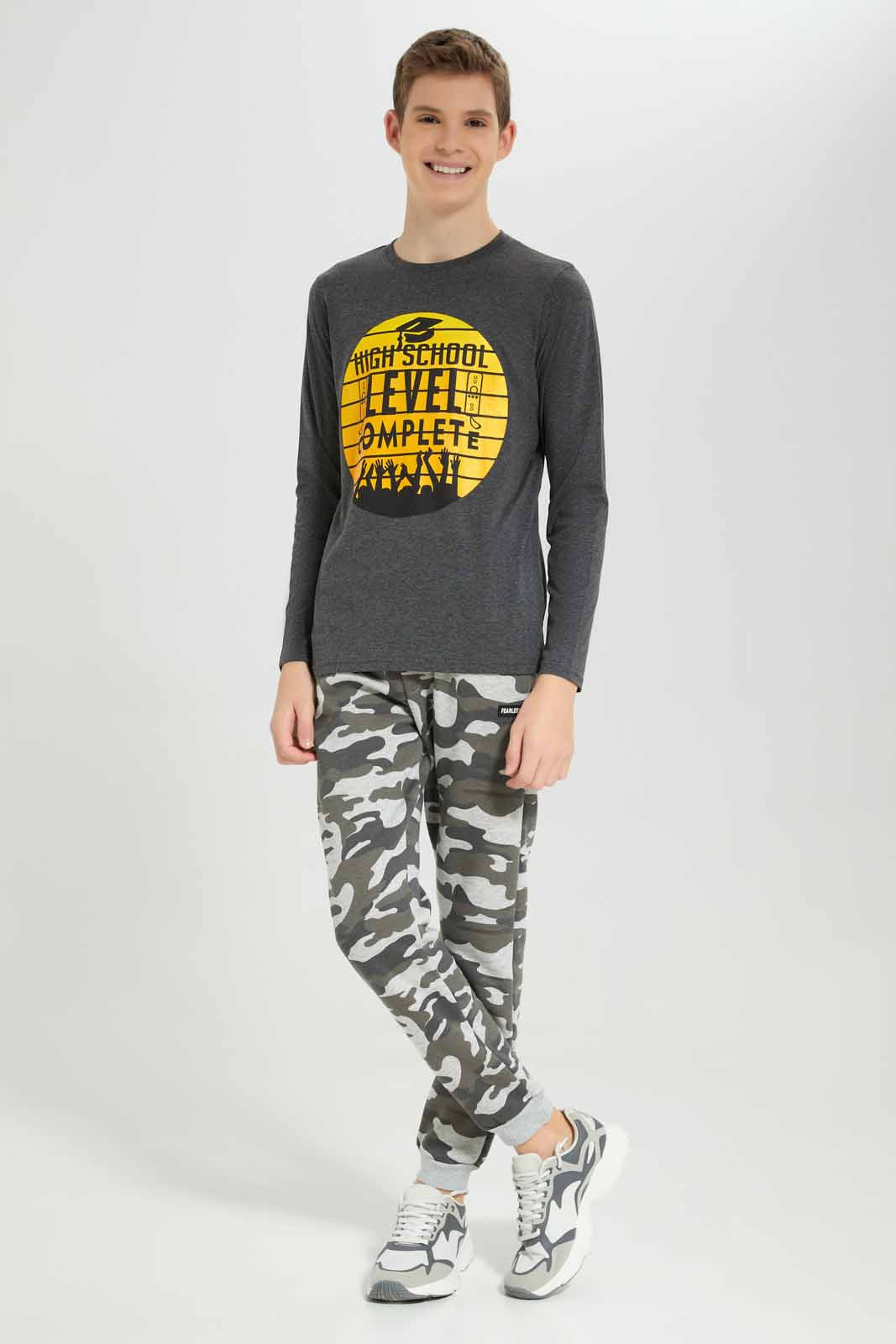 Redtag-Charcoal-Level-Complete-Graphic-Tee-BSR-T-Shirts,-Category:T-Shirts,-Colour:Charcoal,-Deals:New-In,-Filter:Senior-Boys-(8-to-14-Yrs),-New-In-BSR-APL,-Non-Sale,-Section:Boys-(0-to-14Yrs),-TBL,-W22B-Senior-Boys-9 to 14 Years