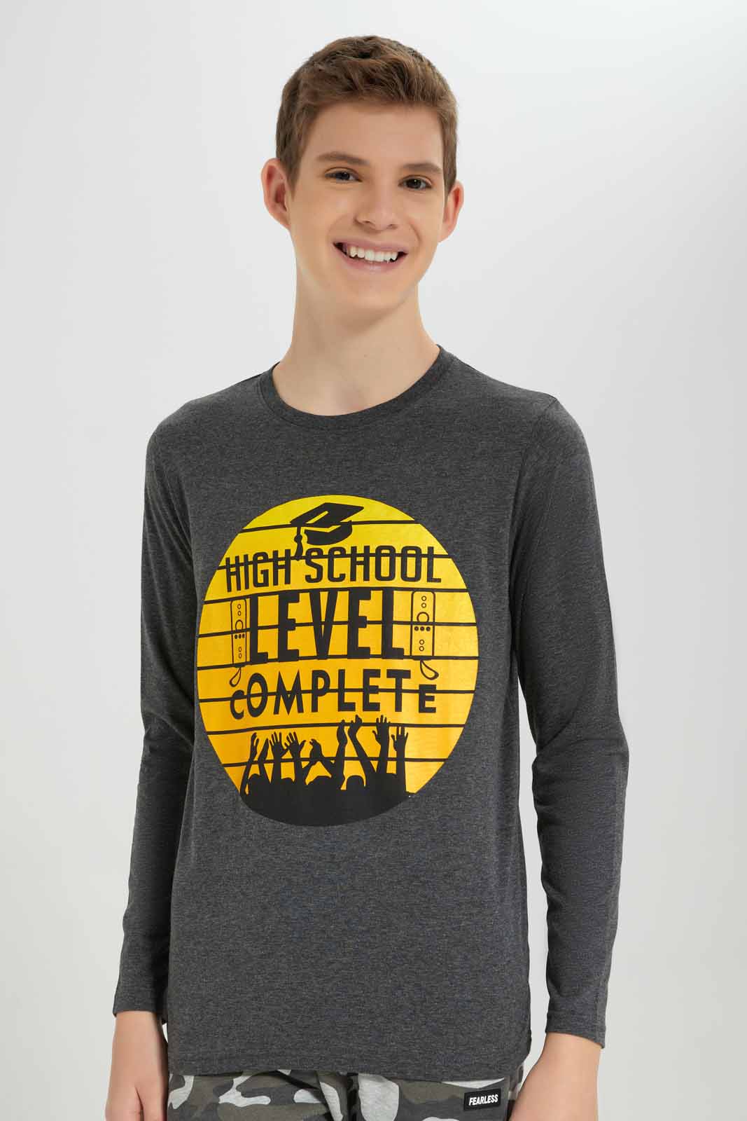 Redtag-Charcoal-Level-Complete-Graphic-Tee-BSR-T-Shirts,-Category:T-Shirts,-Colour:Charcoal,-Deals:New-In,-Filter:Senior-Boys-(8-to-14-Yrs),-New-In-BSR-APL,-Non-Sale,-Section:Boys-(0-to-14Yrs),-TBL,-W22B-Senior-Boys-9 to 14 Years