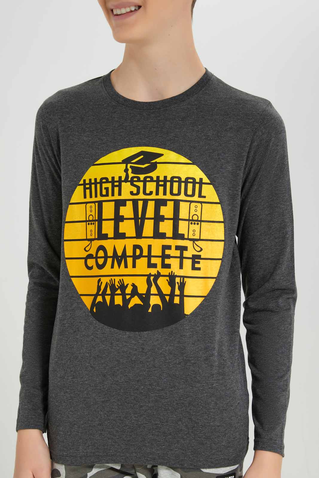 Redtag-Charcoal-Level-Complete-Graphic-Tee-BSR-T-Shirts,-Category:T-Shirts,-Colour:Charcoal,-Deals:New-In,-Filter:Senior-Boys-(8-to-14-Yrs),-New-In-BSR-APL,-Non-Sale,-Section:Boys-(0-to-14Yrs),-TBL,-W22B-Senior-Boys-9 to 14 Years