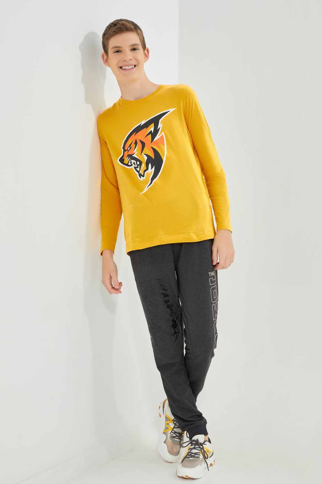 Redtag-Mustard-Tiger-Graphic-Tee-BSR-T-Shirts,-Category:T-Shirts,-Colour:Mustard,-Deals:New-In,-Filter:Senior-Boys-(8-to-14-Yrs),-New-In-BSR-APL,-Non-Sale,-Section:Boys-(0-to-14Yrs),-TBL,-W22B-Senior-Boys-9 to 14 Years