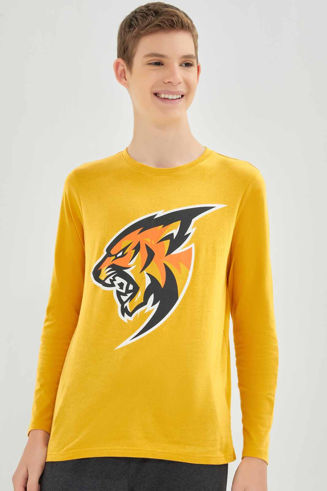 Redtag-Mustard-Tiger-Graphic-Tee-BSR-T-Shirts,-Category:T-Shirts,-Colour:Mustard,-Deals:New-In,-Filter:Senior-Boys-(8-to-14-Yrs),-New-In-BSR-APL,-Non-Sale,-Section:Boys-(0-to-14Yrs),-TBL,-W22B-Senior-Boys-9 to 14 Years