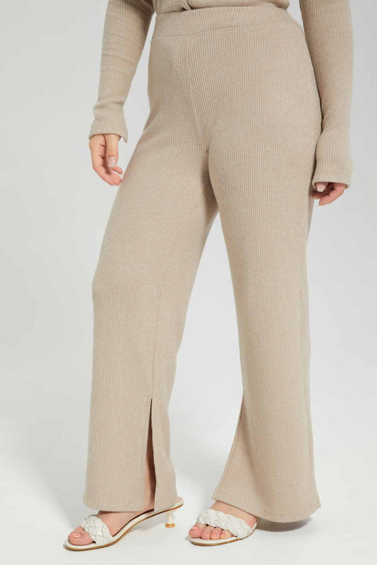 Redtag-Tan-Ribbed-Elasticated-Waist-Flared-Leg-Trouser-Category:Trousers,-Colour:Tan,-Deals:New-In,-Filter:Women's-Clothing,-LMC,-Modest,-New-In-Women-APL,-Non-Sale,-Section:Women,-W22B,-Women-Trousers--