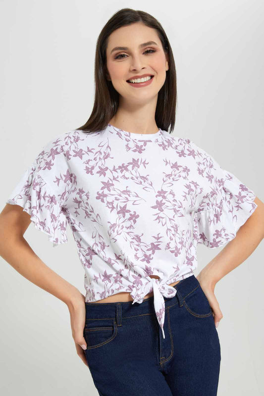 Redtag-Floral-Allover-Print-Front-Tie-T-Shirt-Category:T-Shirts,-Colour:White,-Deals:New-In,-Filter:Women's-Clothing,-New-In-Women-APL,-Non-Sale,-Section:Women,-W22A,-Women-T-Shirts-Women's-