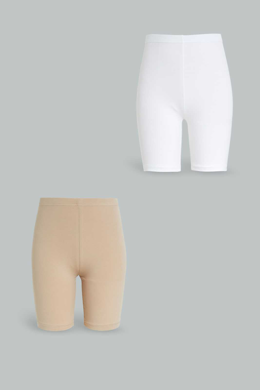 Redtag-White-/-Beige-2Pcs-Pack-Cycling-Leggings-Category:Leggings,-Colour:Assorted,-Deals:New-In,-Dept:Girls,-ESS,-Filter:Senior-Girls-(8-to-14-Yrs),-GSR-Leggings,-New-In-GSR-APL,-Non-Sale,-Section:Girls-(0-to-14Yrs),-W22B-Senior-Girls-9 to 14 Years