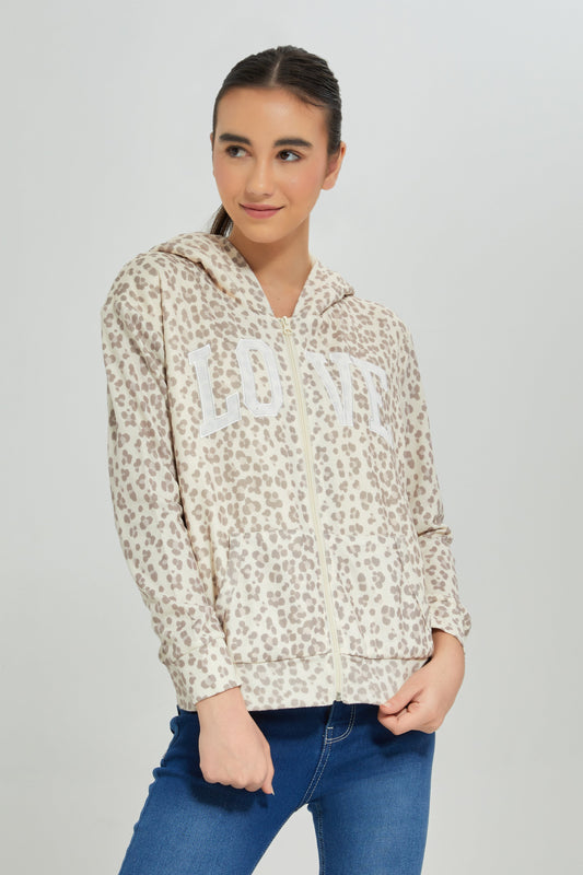 Senior Girls Beige Animal Print Zipper Sweatshirt