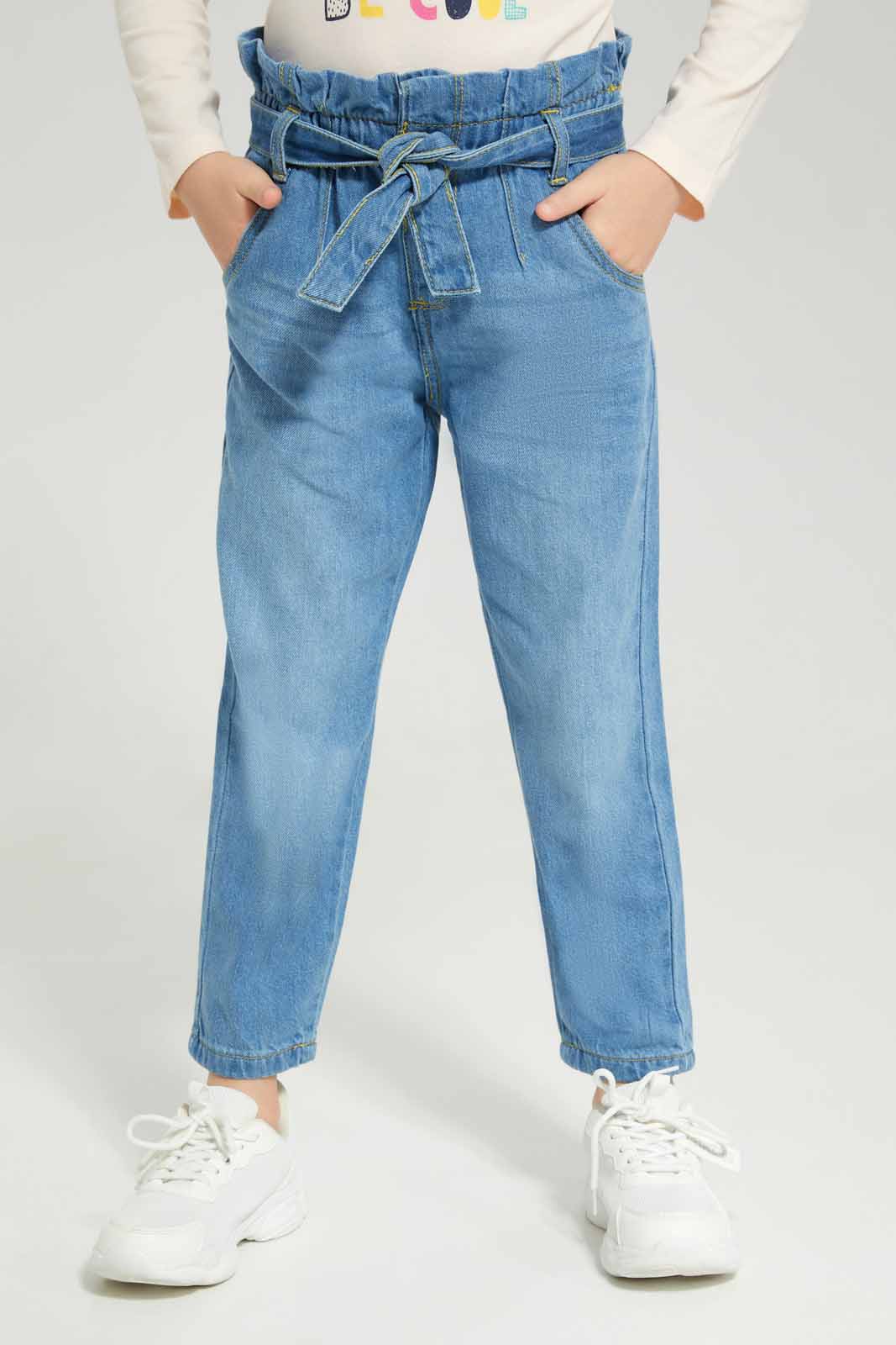 Redtag-Light-Washed-Paper-Bag-Jeans-With-Belt-Category:Jeans,-Colour:Light-Wash,-Deals:New-In,-Dept:Girls,-Filter:Girls-(2-to-8-Yrs),-GIR-Jeans,-New-In-GIR-APL,-Non-Sale,-Section:Girls-(0-to-14Yrs),-W22A-Girls-2 to 8 Years