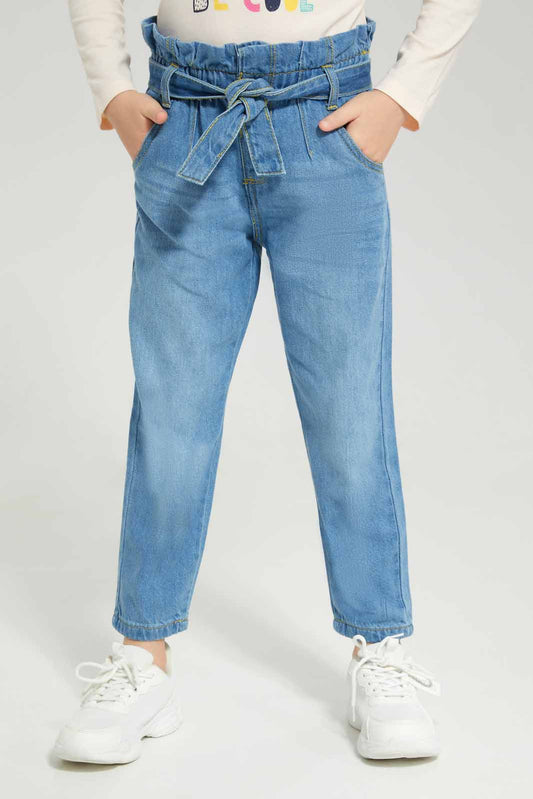 Redtag-Light-Washed-Paper-Bag-Jeans-With-Belt-Category:Jeans,-Colour:Light-Wash,-Deals:New-In,-Dept:Girls,-Filter:Girls-(2-to-8-Yrs),-GIR-Jeans,-New-In-GIR-APL,-Non-Sale,-Section:Girls-(0-to-14Yrs),-W22A-Girls-2 to 8 Years