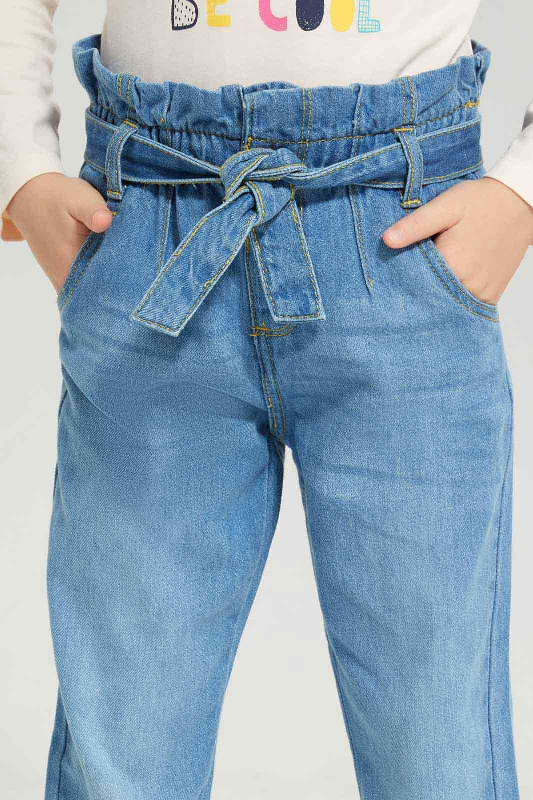 Redtag-Light-Washed-Paper-Bag-Jeans-With-Belt-Category:Jeans,-Colour:Light-Wash,-Deals:New-In,-Dept:Girls,-Filter:Girls-(2-to-8-Yrs),-GIR-Jeans,-New-In-GIR-APL,-Non-Sale,-Section:Girls-(0-to-14Yrs),-W22A-Girls-2 to 8 Years