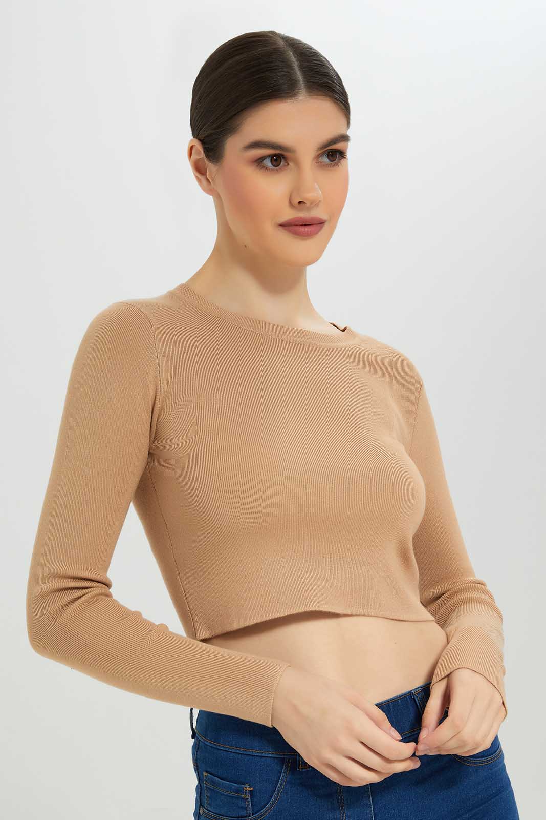 Redtag-Nude-Solid-Cropped-Pullover-Category:Pullovers,-Colour:Beige,-Deals:New-In,-Dept:Ladieswear,-Filter:Women's-Clothing,-New-In-Women-APL,-Non-Sale,-Section:Women,-TBL,-W22B,-Women-Pullovers-Women's-