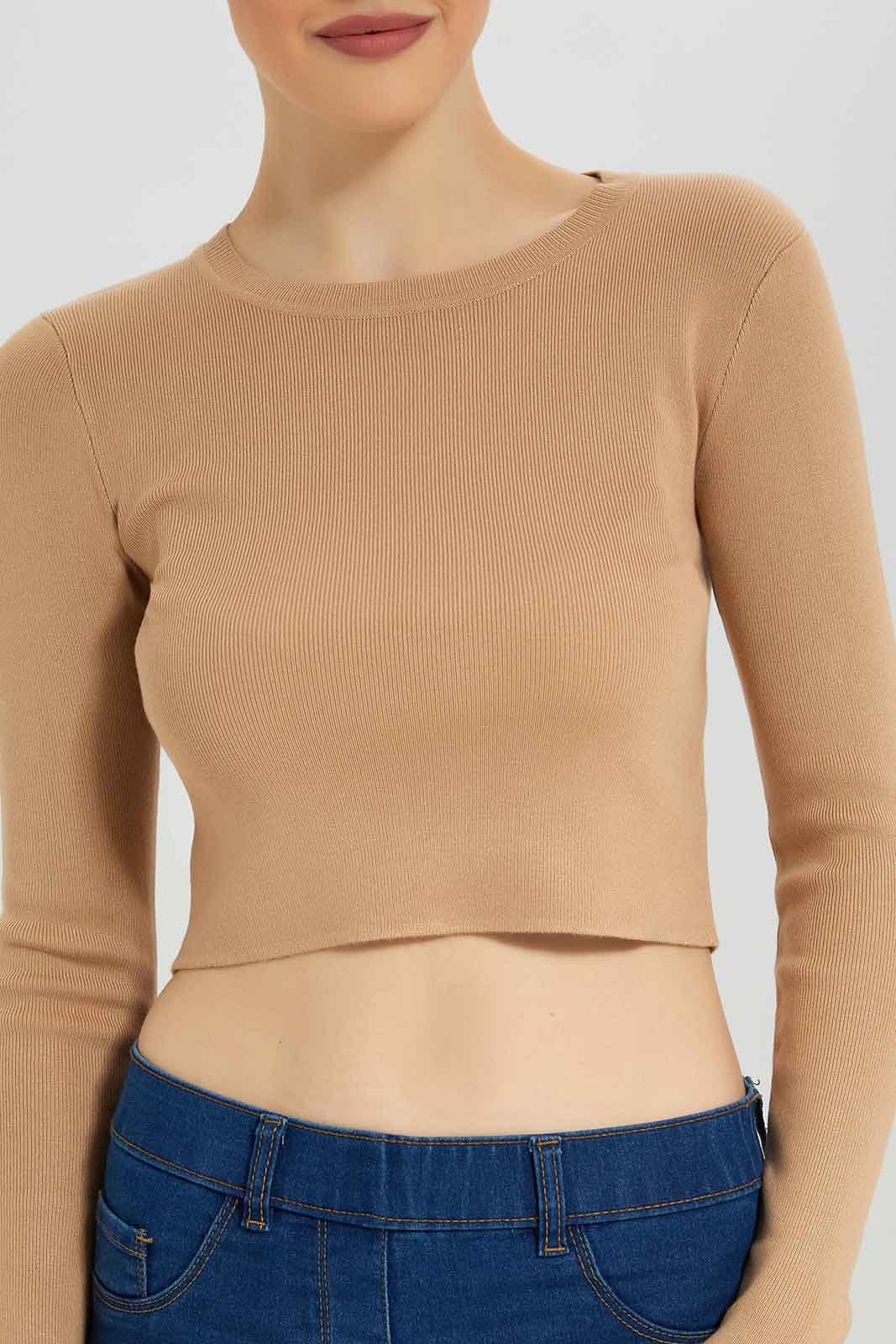 Redtag-Nude-Solid-Cropped-Pullover-Category:Pullovers,-Colour:Beige,-Deals:New-In,-Dept:Ladieswear,-Filter:Women's-Clothing,-New-In-Women-APL,-Non-Sale,-Section:Women,-TBL,-W22B,-Women-Pullovers-Women's-