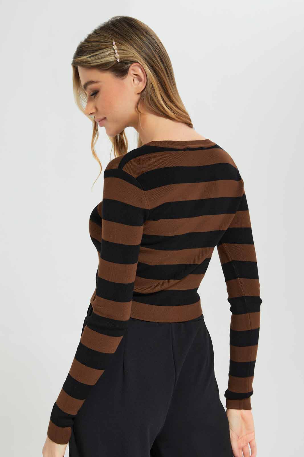 Redtag-Black/Camel-Striped-Cropped-Pullover-Category:Pullovers,-Colour:Assorted,-Deals:New-In,-Dept:Ladieswear,-Filter:Women's-Clothing,-New-In-Women-APL,-Non-Sale,-Section:Women,-TBL,-W22B,-Women-Pullovers-Women's-