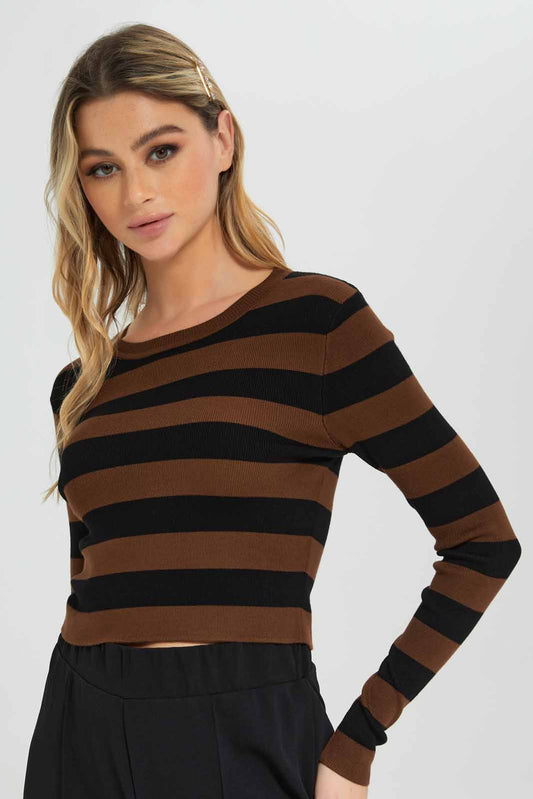 Redtag-Black/Camel-Striped-Cropped-Pullover-Category:Pullovers,-Colour:Assorted,-Deals:New-In,-Dept:Ladieswear,-Filter:Women's-Clothing,-New-In-Women-APL,-Non-Sale,-Section:Women,-TBL,-W22B,-Women-Pullovers-Women's-