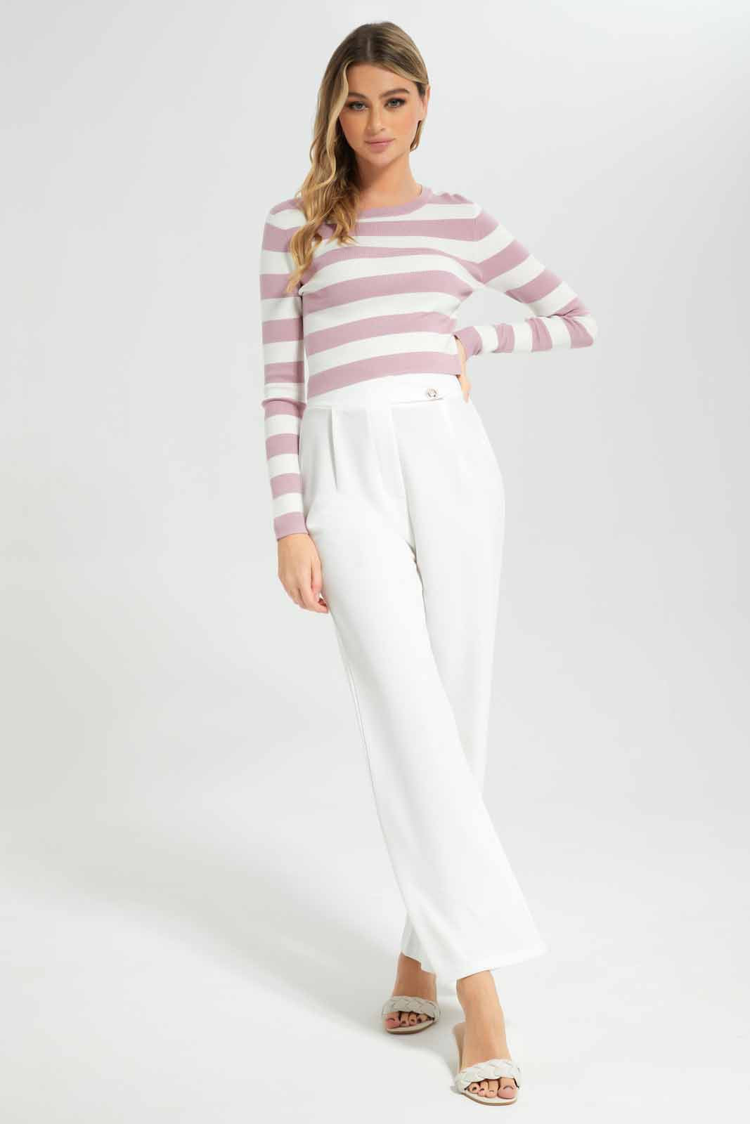 Redtag-Ivory/Mauve-Striped-Cropped-Pullover-Category:Pullovers,-Colour:Assorted,-Deals:New-In,-Dept:Ladieswear,-Filter:Women's-Clothing,-New-In-Women-APL,-Non-Sale,-Section:Women,-TBL,-W22B,-Women-Pullovers-Women's-